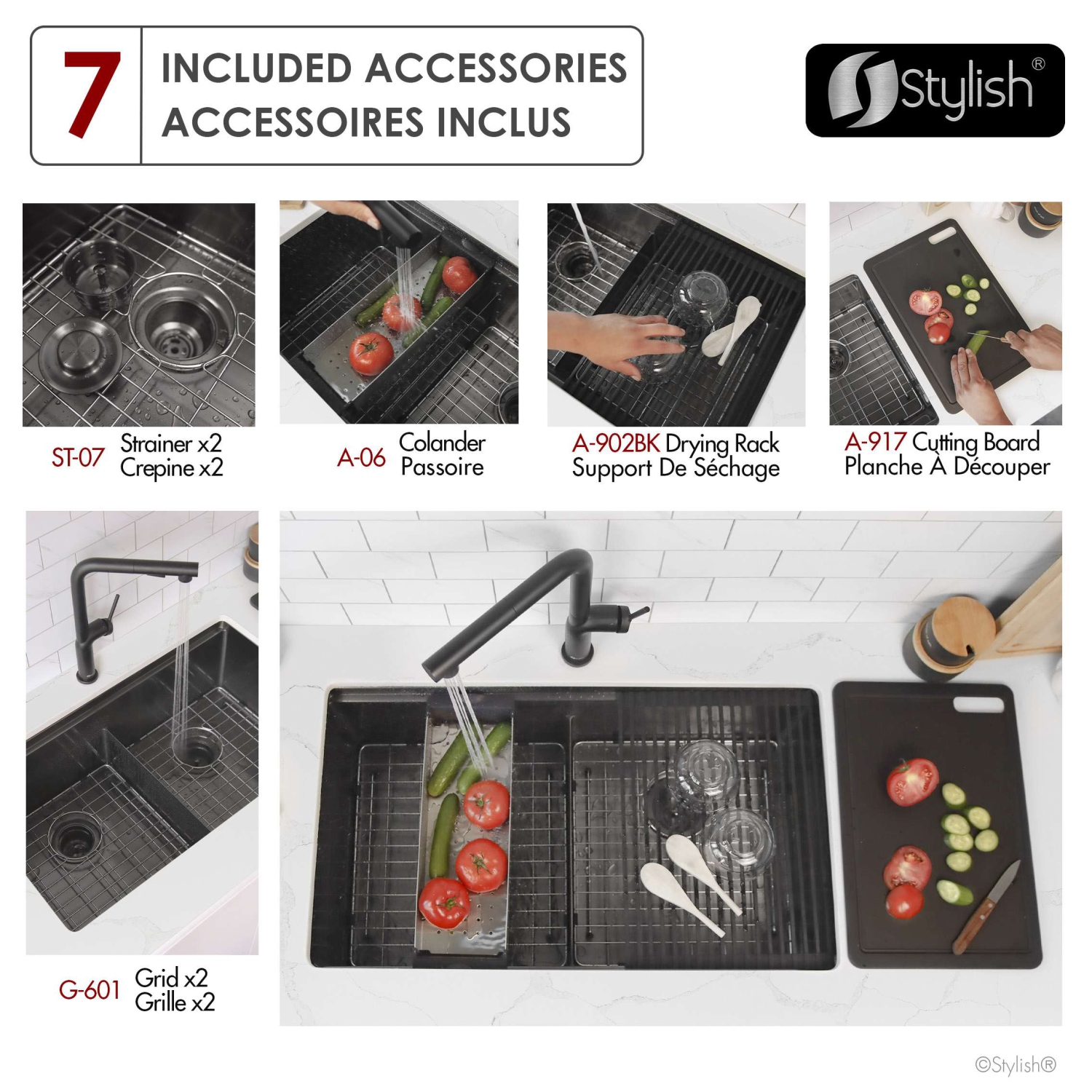 Stylish Undermount 32" Graphite Black 16-Gauge Double-Bowl Kitchen Sink Built-in Accessories S-601WNK