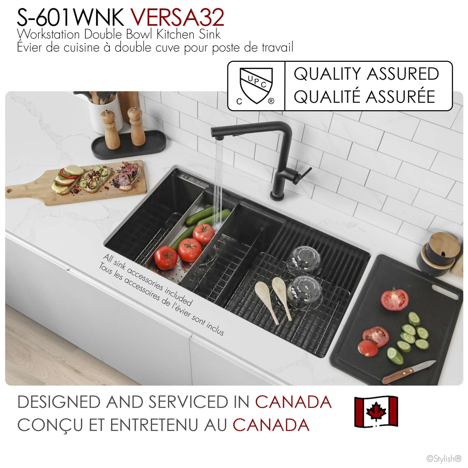 Stylish Undermount 32" Graphite Black 16-Gauge Double-Bowl Kitchen Sink Built-in Accessories S-601WNK