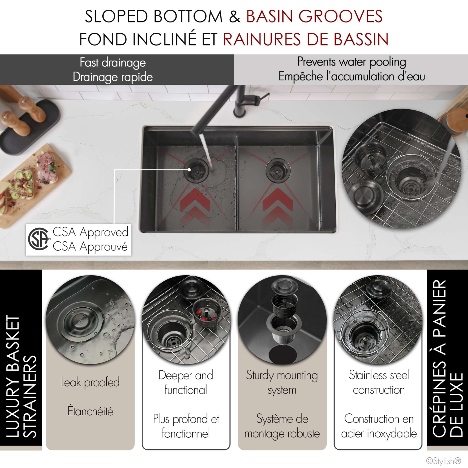 Stylish Undermount 32" Graphite Black 16-Gauge Double-Bowl Kitchen Sink Built-in Accessories S-601WNK