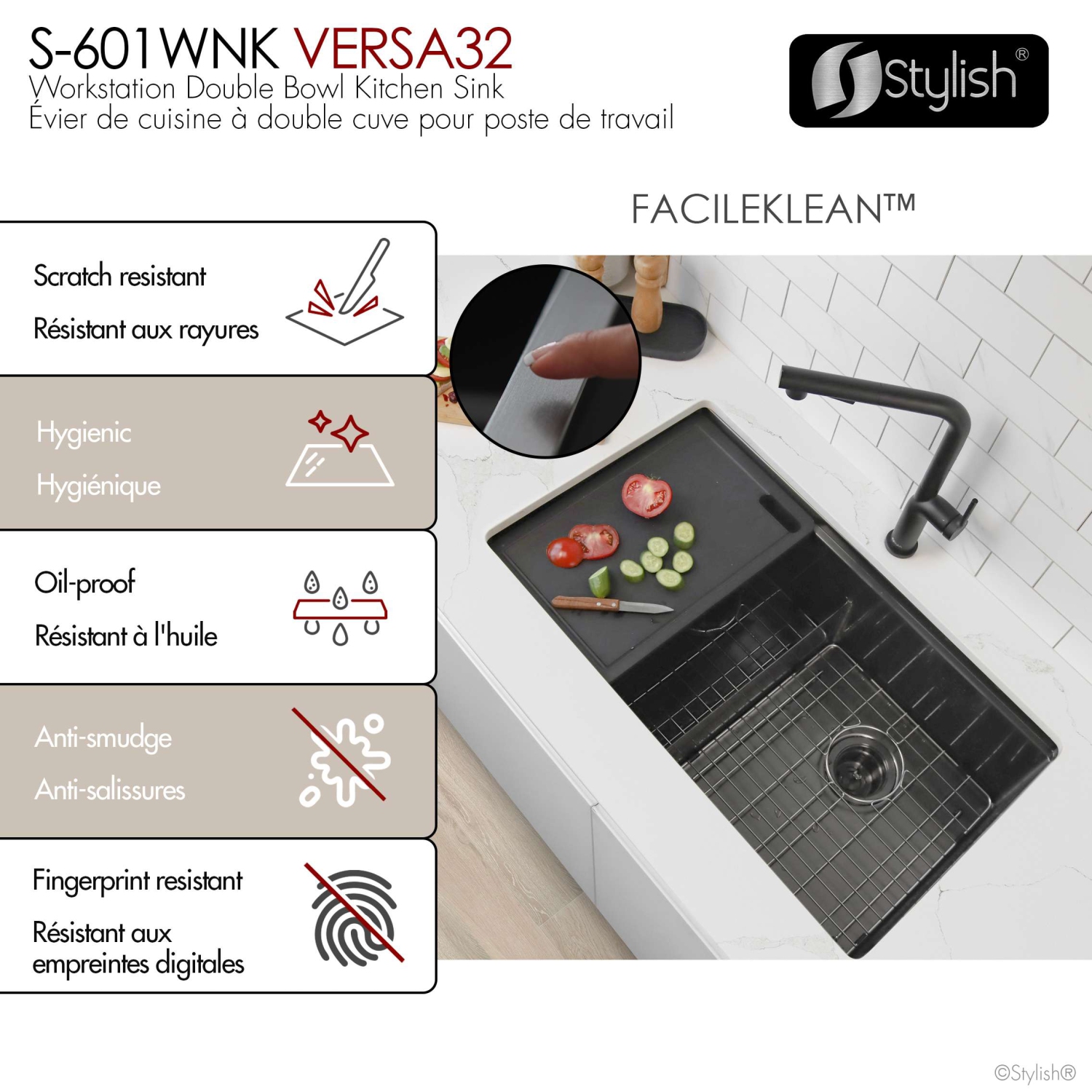 Stylish Undermount 32" Graphite Black 16-Gauge Double-Bowl Kitchen Sink Built-in Accessories S-601WNK