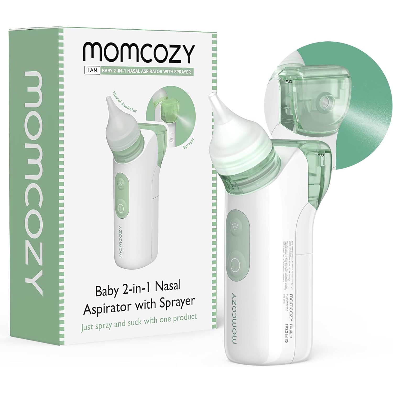 Momcozy 2-in-1 Baby Nasal Aspirator with Nasal Spray, Electric Nasal Aspirator for Baby, Battery Powered Nose Aspirator for Newborn and Toddler, 2 Tips Replacements