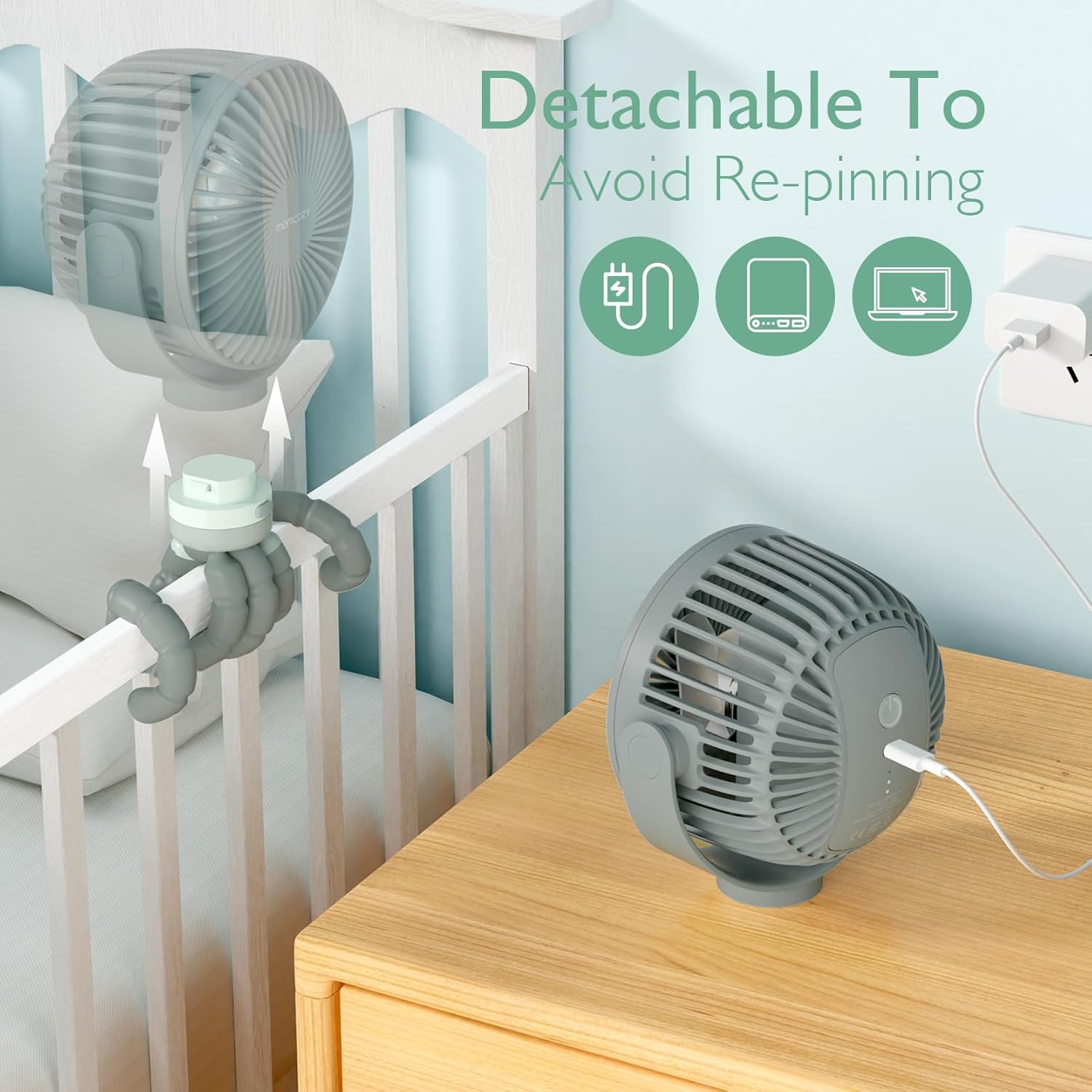 Momcozy Portable Stroller Fan, 8000mAh, 27H Ultra-long Battery Life, Detachable 4 Speed 360°Rotate, LED Night Light with 2 Modes, USB Rechargeable