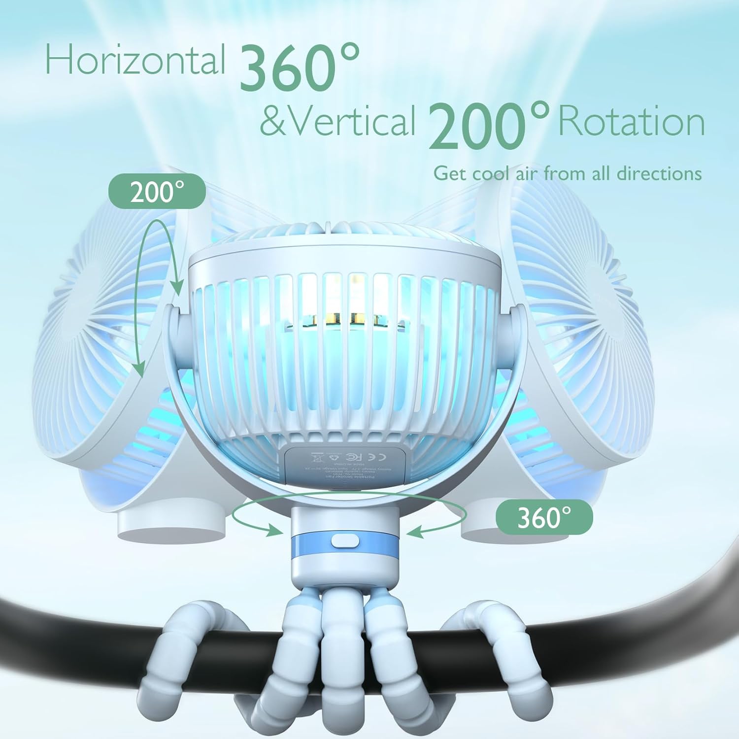 Momcozy Portable Stroller Fan, 8000mAh, 27H Ultra-long Battery Life, Detachable 4 Speed 360°Rotate, LED Night Light with 2 Modes, USB Rechargeable