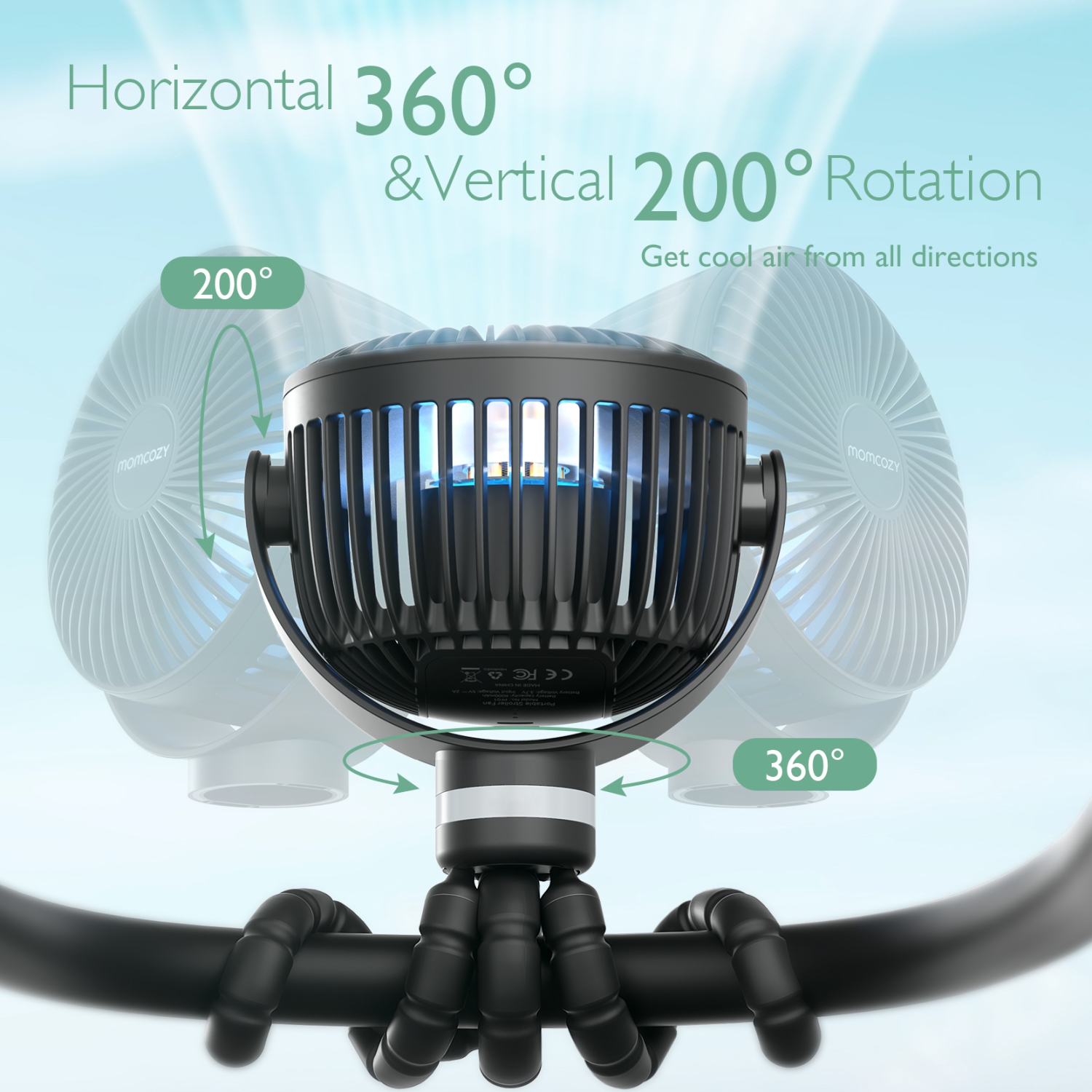 Momcozy Portable Stroller Fan, 8000mAh, 27H Ultra-long Battery Life, Detachable 4 Speed 360°Rotate, LED Night Light with 2 Modes, USB Rechargeable