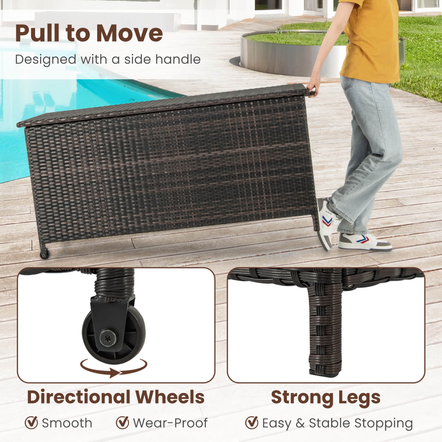 Costway 85 Gallon Rattan Deck Box with Waterproof Liner Universal Wheels & Gas Strut