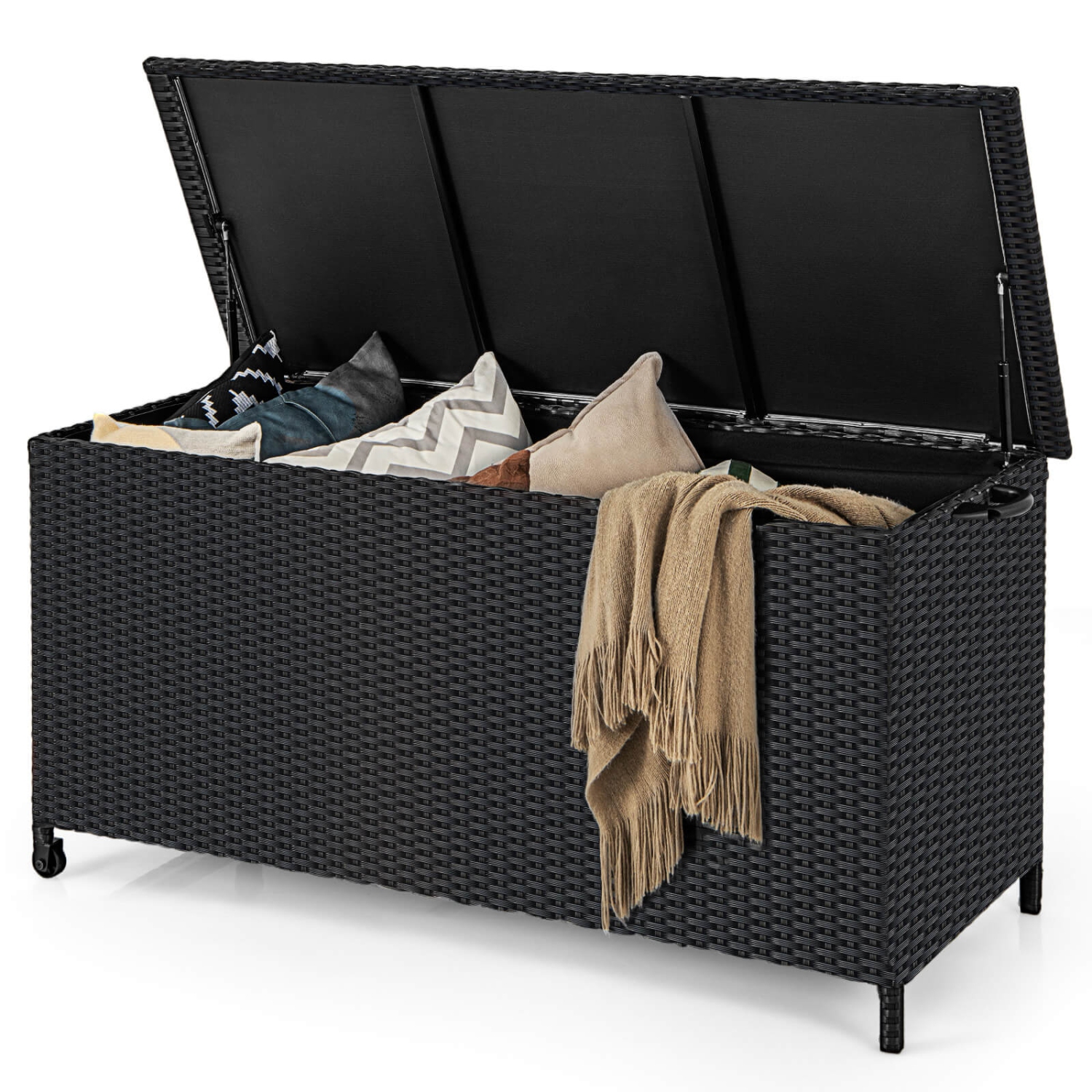 Coffre de terrasse en rotin de 85 gallons avec doublure étanche aux roues universelles et aux jambes de force à gaz de Costway