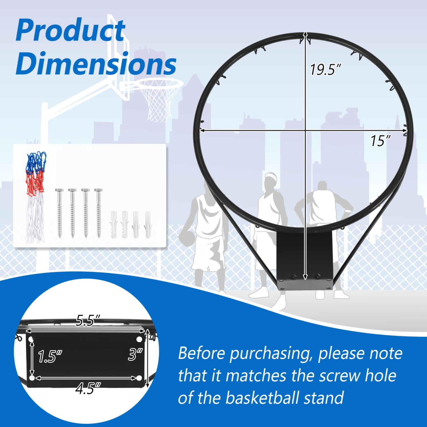 Gymax 15'' Basketball Rim Wall Door Mounted Basketball Hoop w/ All Weather Net Black