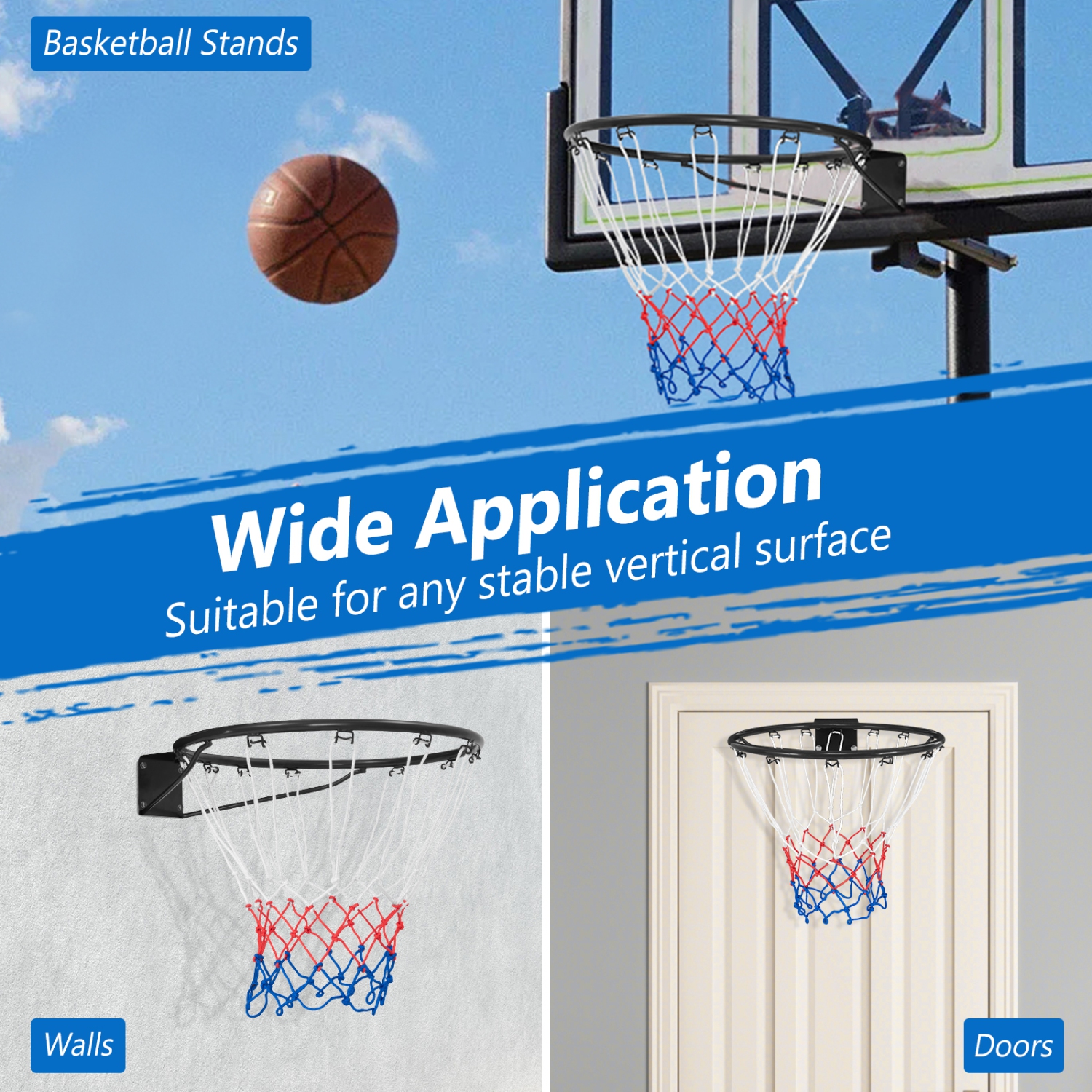 Gymax 15'' Basketball Rim Wall Door Mounted Basketball Hoop w/ All Weather Net Black