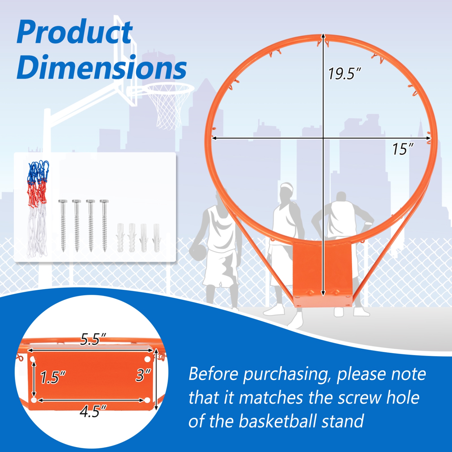 Gymax 15'' Basketball Rim Wall Door Mounted Basketball Hoop w/ All Weather Net Orange