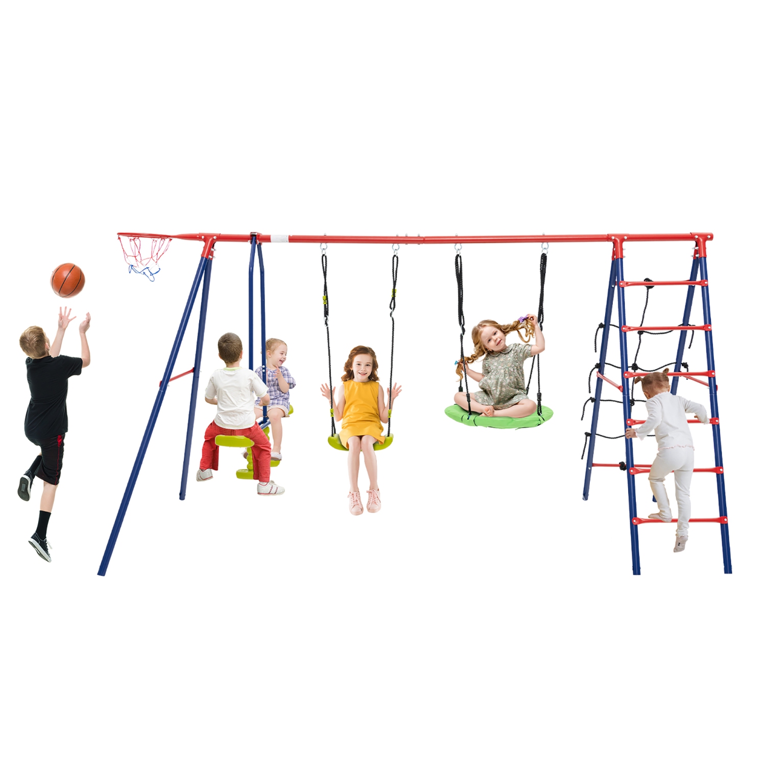 Gymax Swing Set for Backyard w/ 2 Height Adjustable Swings Glider Basketball Hoop