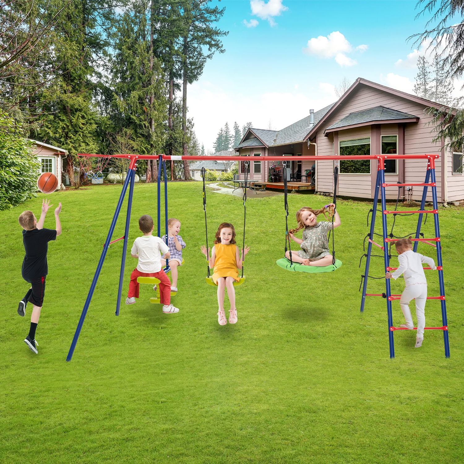 Gymax Swing Set for Backyard w/ 2 Height Adjustable Swings Glider Basketball Hoop