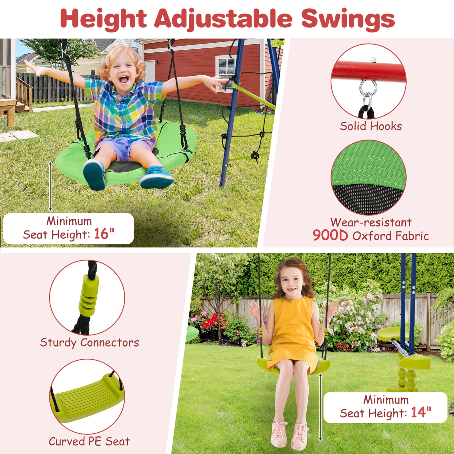 Gymax Swing Set for Backyard w/ 2 Height Adjustable Swings Glider Basketball Hoop