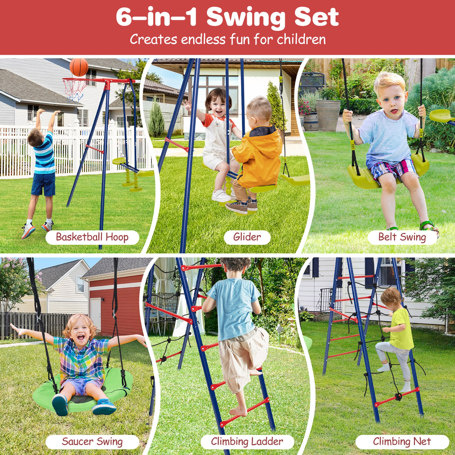 Gymax Swing Set for Backyard w/ 2 Height Adjustable Swings Glider Basketball Hoop