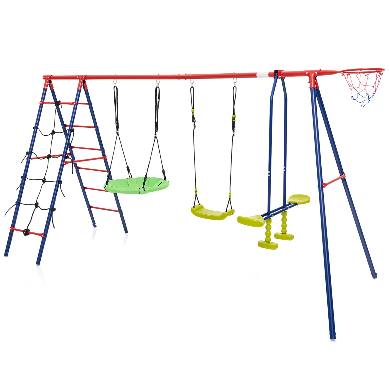 Gymax Swing Set for Backyard w/ 2 Height Adjustable Swings Glider Basketball Hoop
