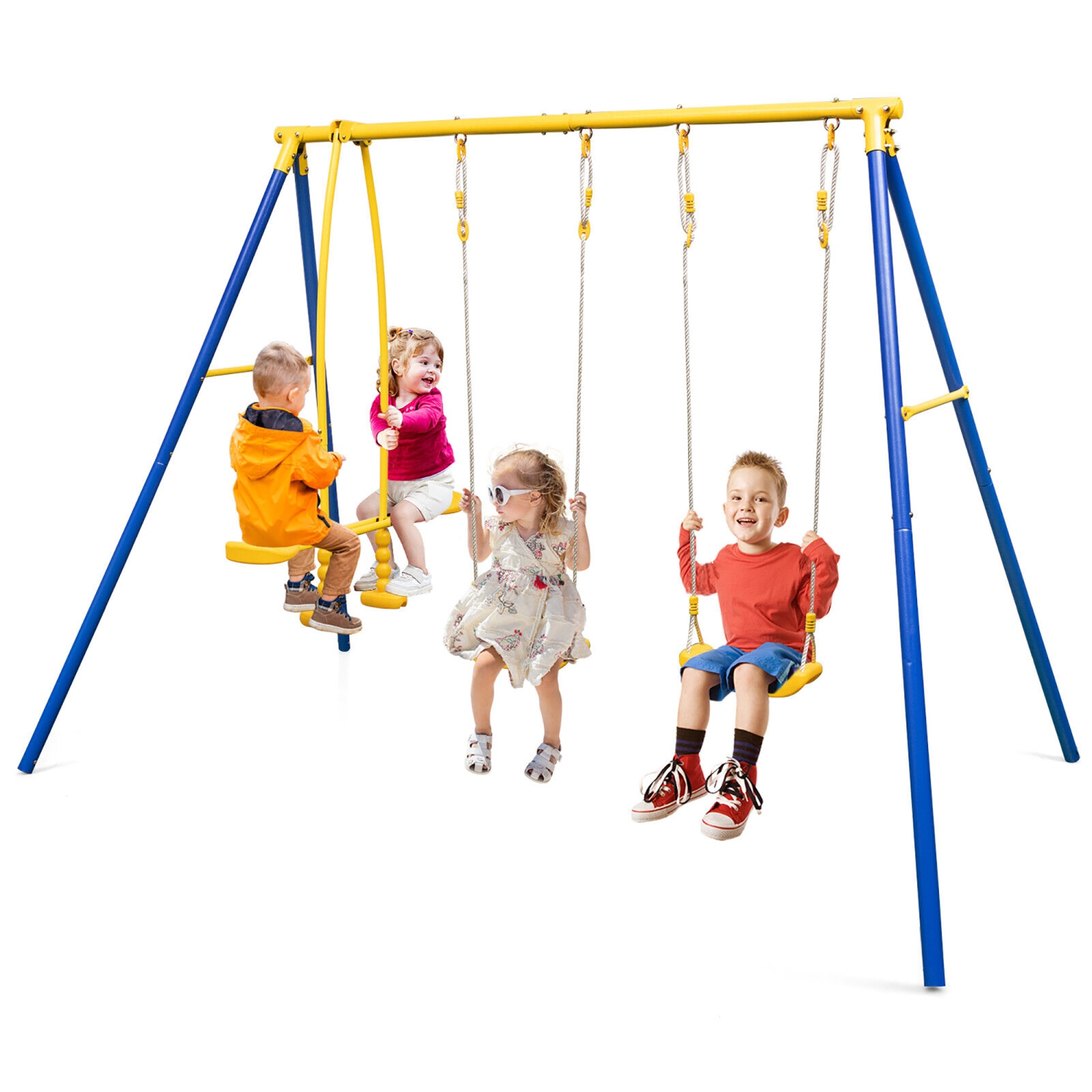 Gymax Metal Swing Set for Backyard w/ A-frame Stand & Adjustable Hanging Ropes