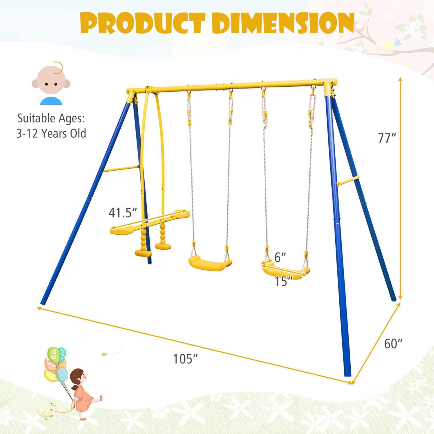 Gymax Metal Swing Set for Backyard w/ A-frame Stand & Adjustable Hanging Ropes