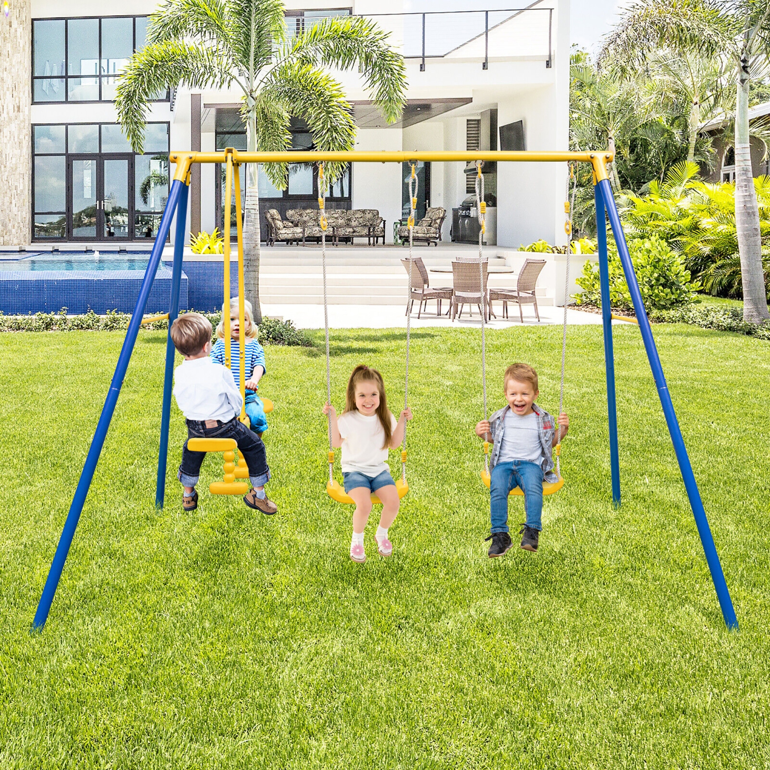 Gymax Metal Swing Set for Backyard w/ A-frame Stand & Adjustable Hanging Ropes