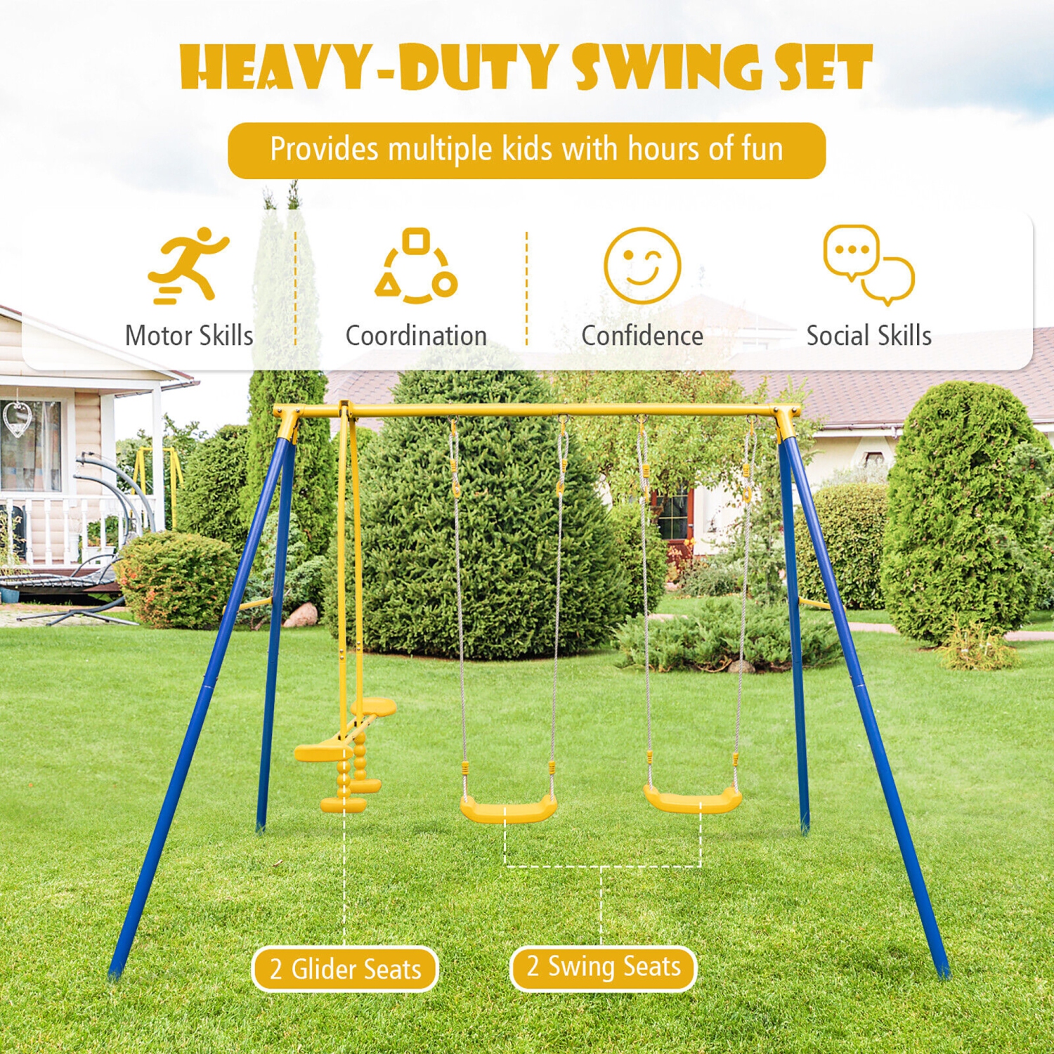 Gymax Metal Swing Set for Backyard w/ A-frame Stand & Adjustable Hanging Ropes
