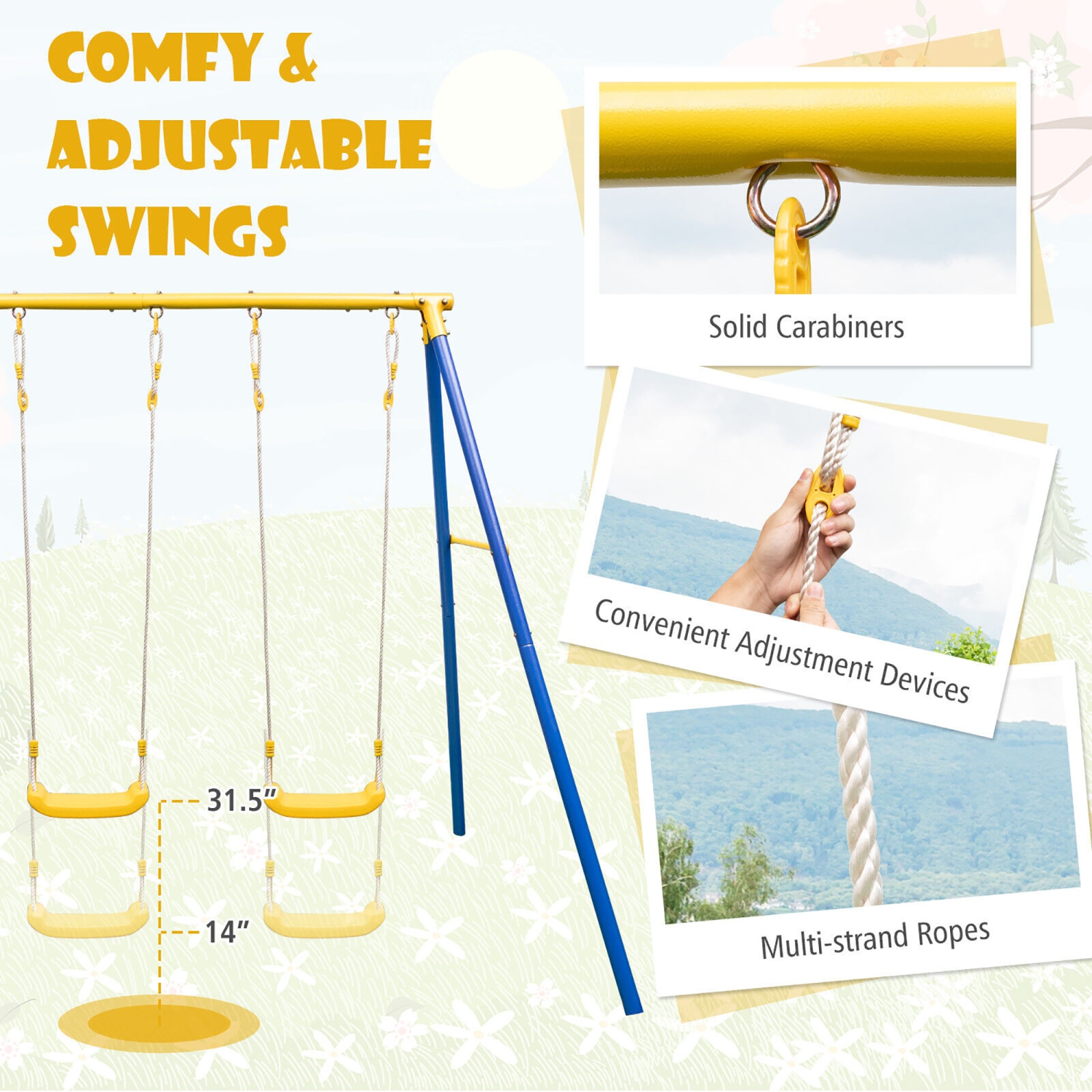 Gymax Metal Swing Set for Backyard w/ A-frame Stand & Adjustable Hanging Ropes