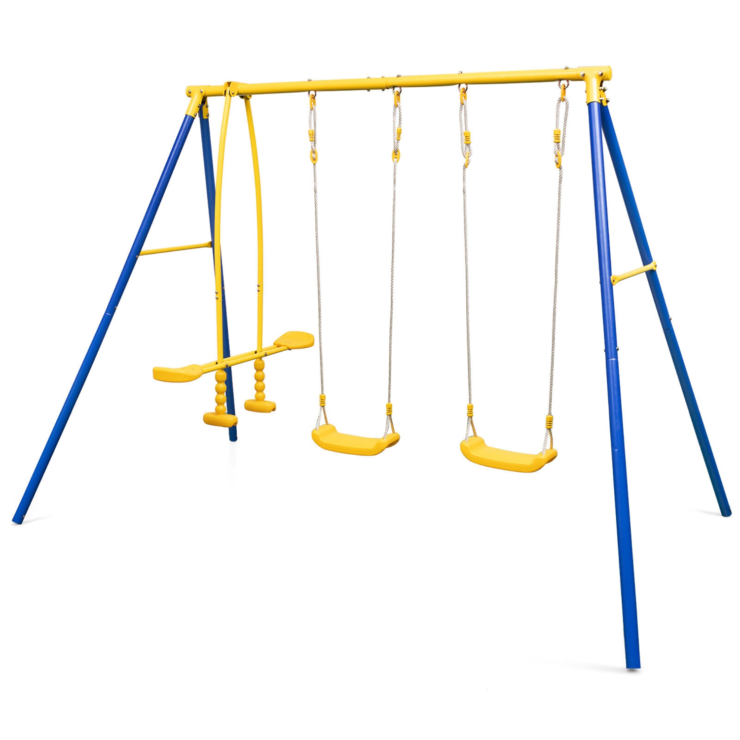 Gymax Metal Swing Set for Backyard w/ A-frame Stand & Adjustable Hanging Ropes