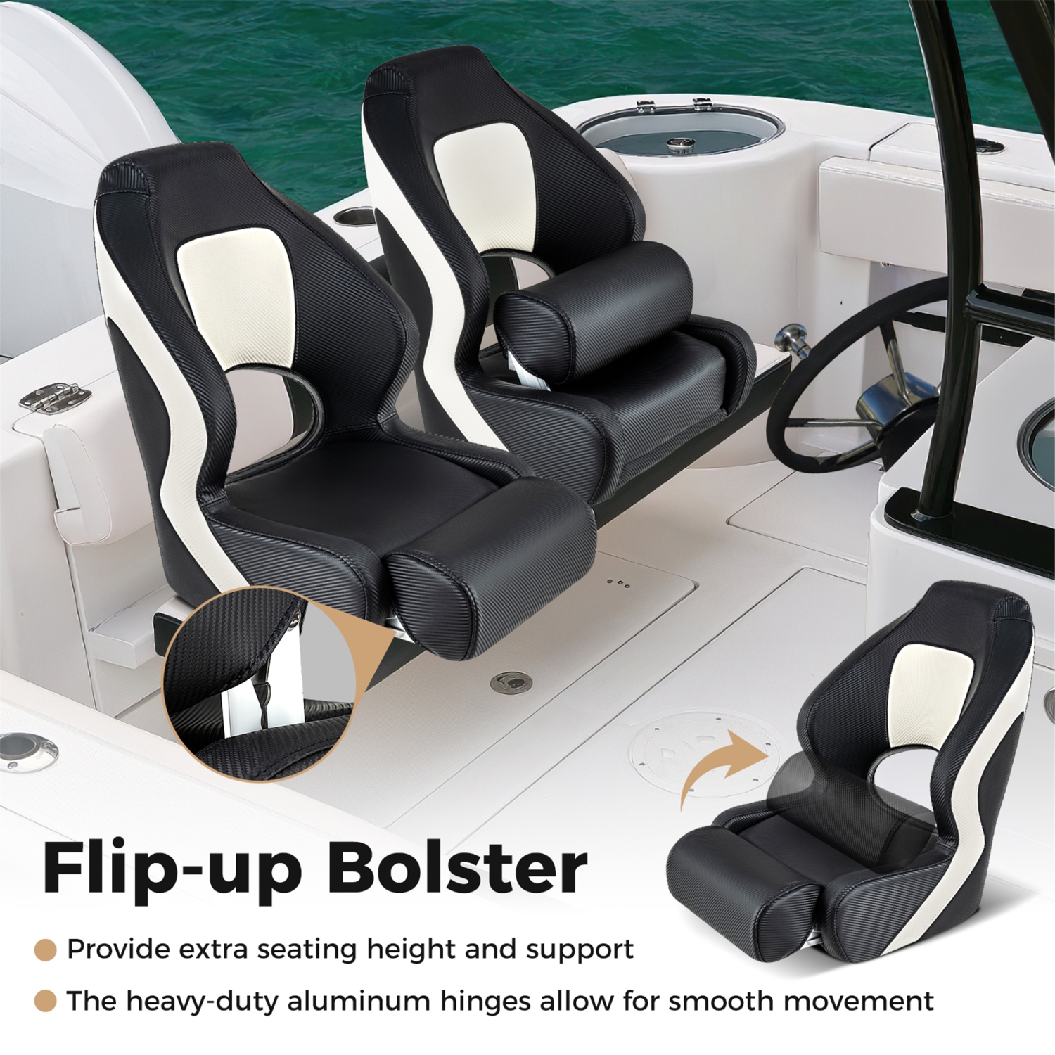 Gymax 2PCS Sports Flip up Boat Seat Captain Bucket Seat w/ Flip-up Bolster Bolts