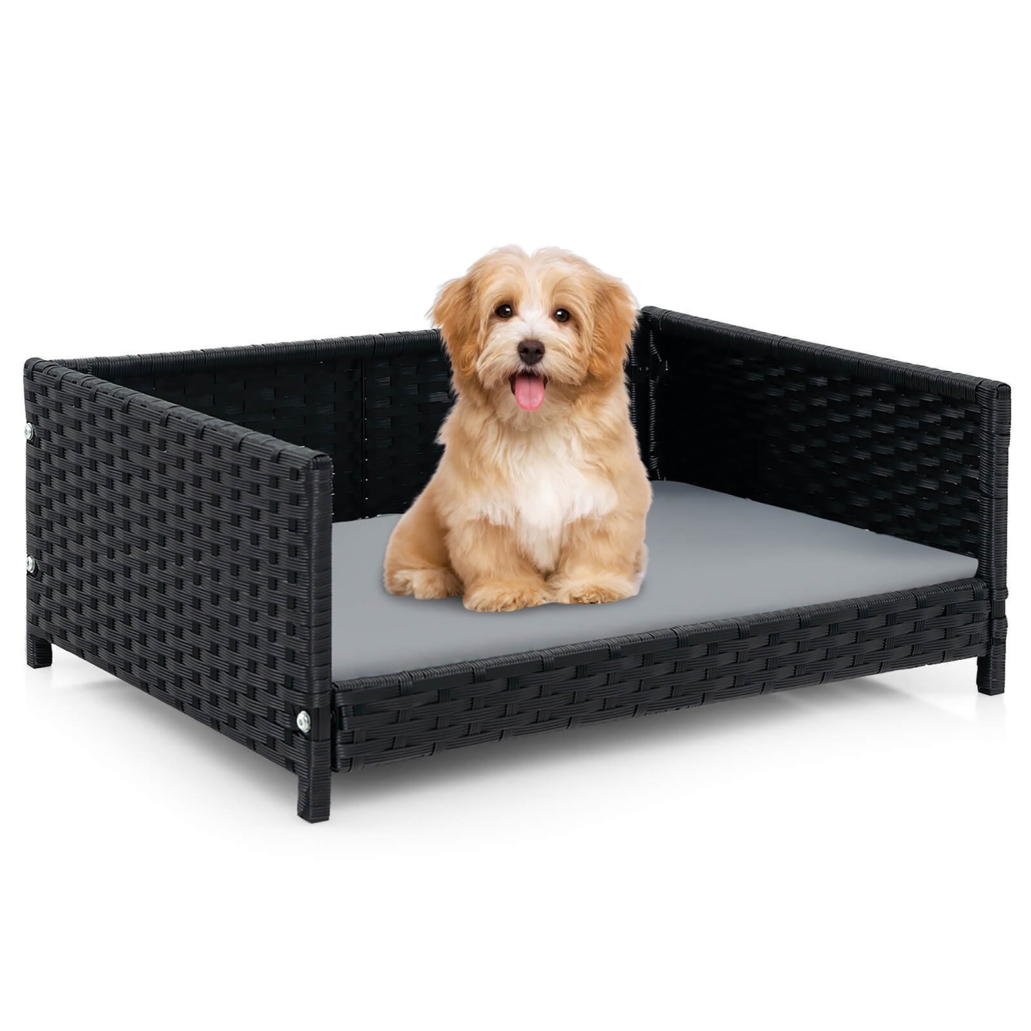 Gymax Rattan Dog Bed w/ Waterproof Soft Cushion Metal Frame for Medium Small Dogs Cats
