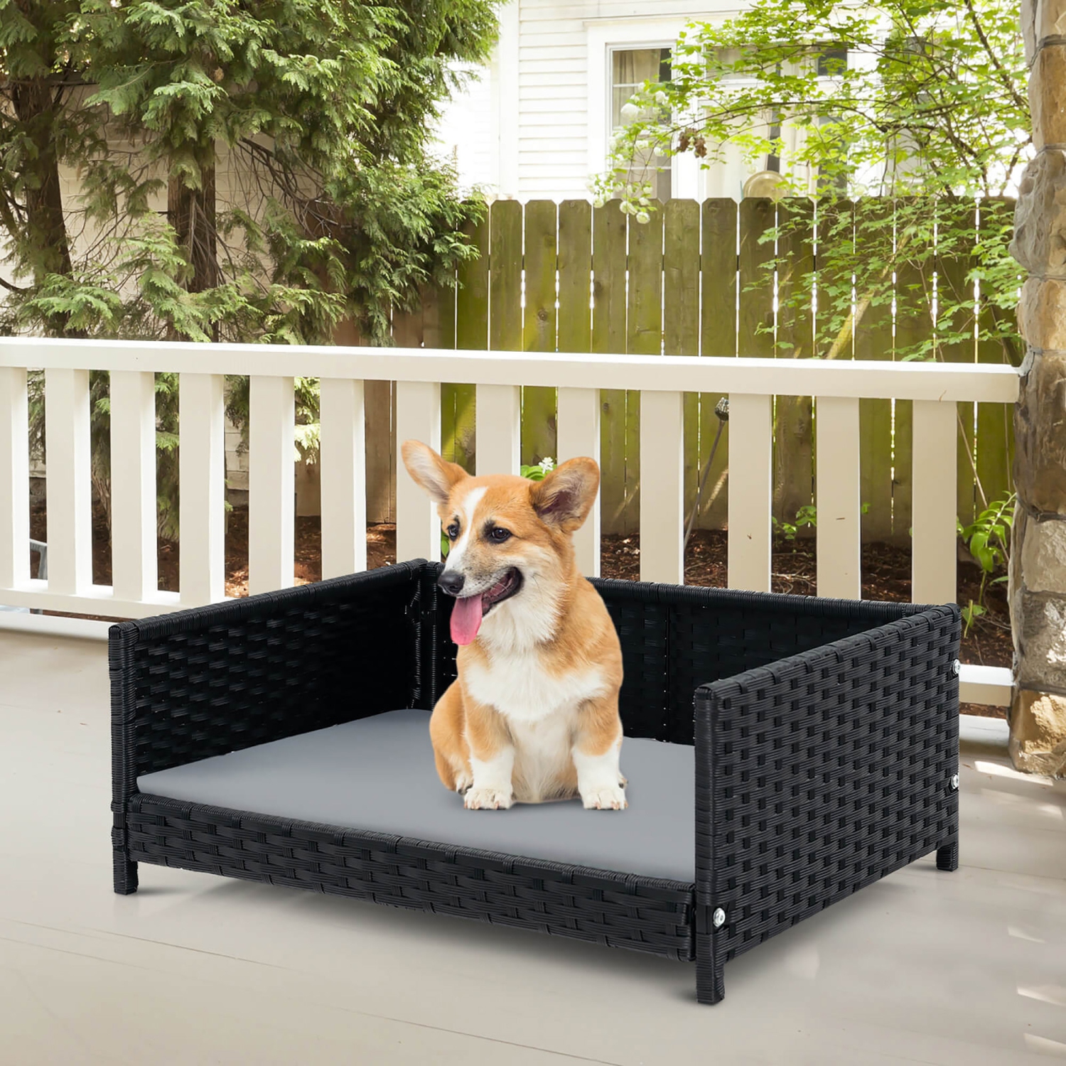 Gymax Rattan Dog Bed w/ Waterproof Soft Cushion Metal Frame for Medium Small Dogs Cats
