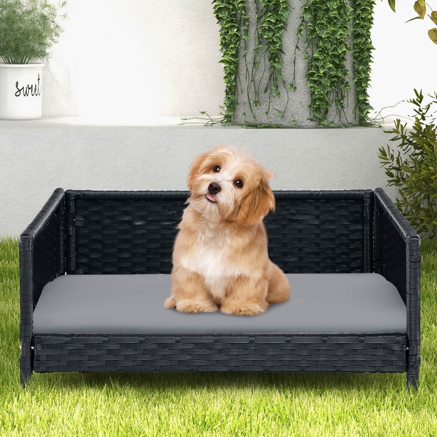 Gymax Rattan Dog Bed w/ Waterproof Soft Cushion Metal Frame for Medium Small Dogs Cats