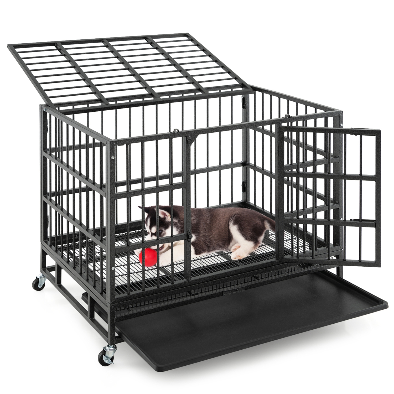 Gymax 38'' Foldable Heavy-Duty Metal Dog Cage W/ Lockable Rolling Casters Black