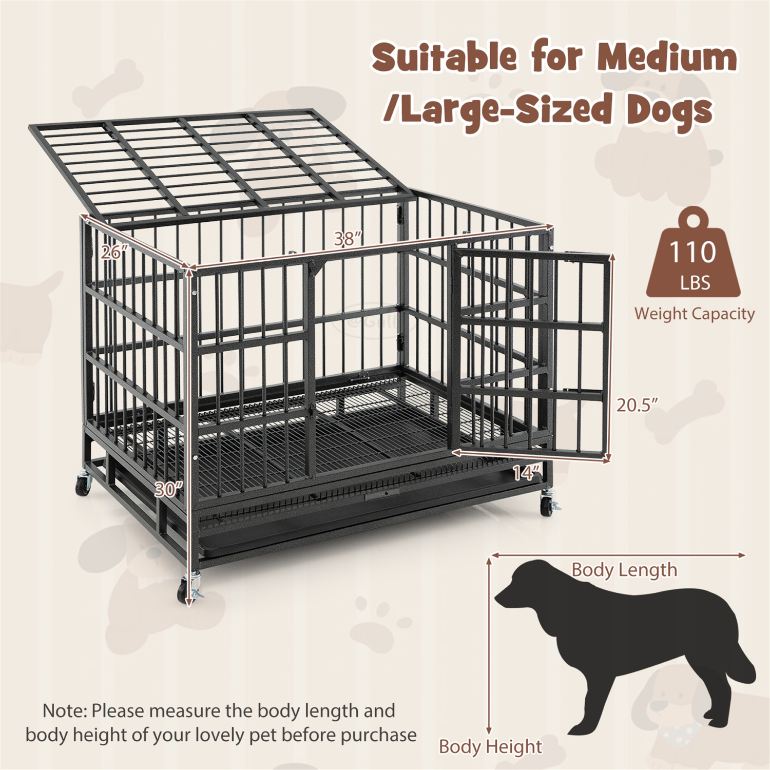 Gymax 38'' Foldable Heavy-Duty Metal Dog Cage W/ Lockable Rolling Casters Black
