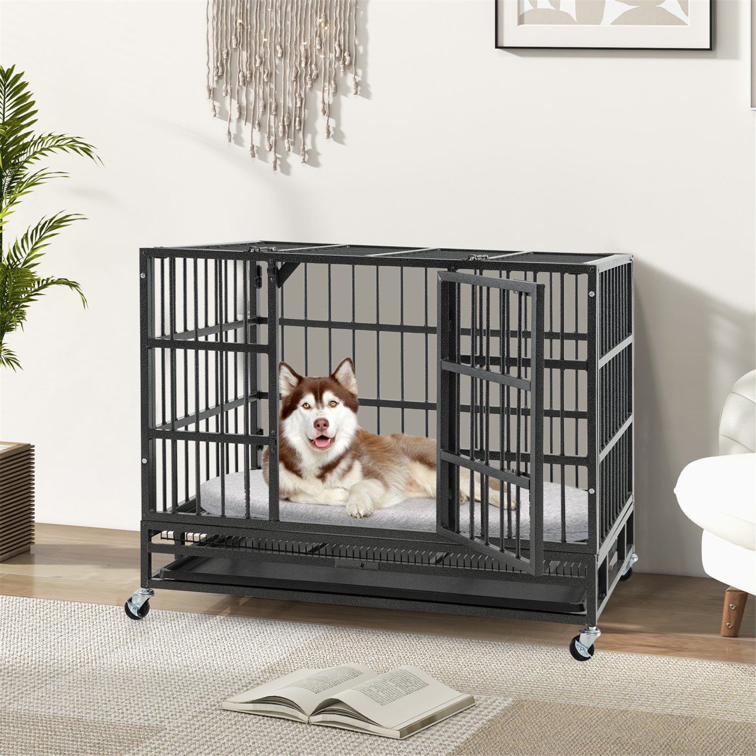 Gymax 38'' Foldable Heavy-Duty Metal Dog Cage W/ Lockable Rolling Casters Black