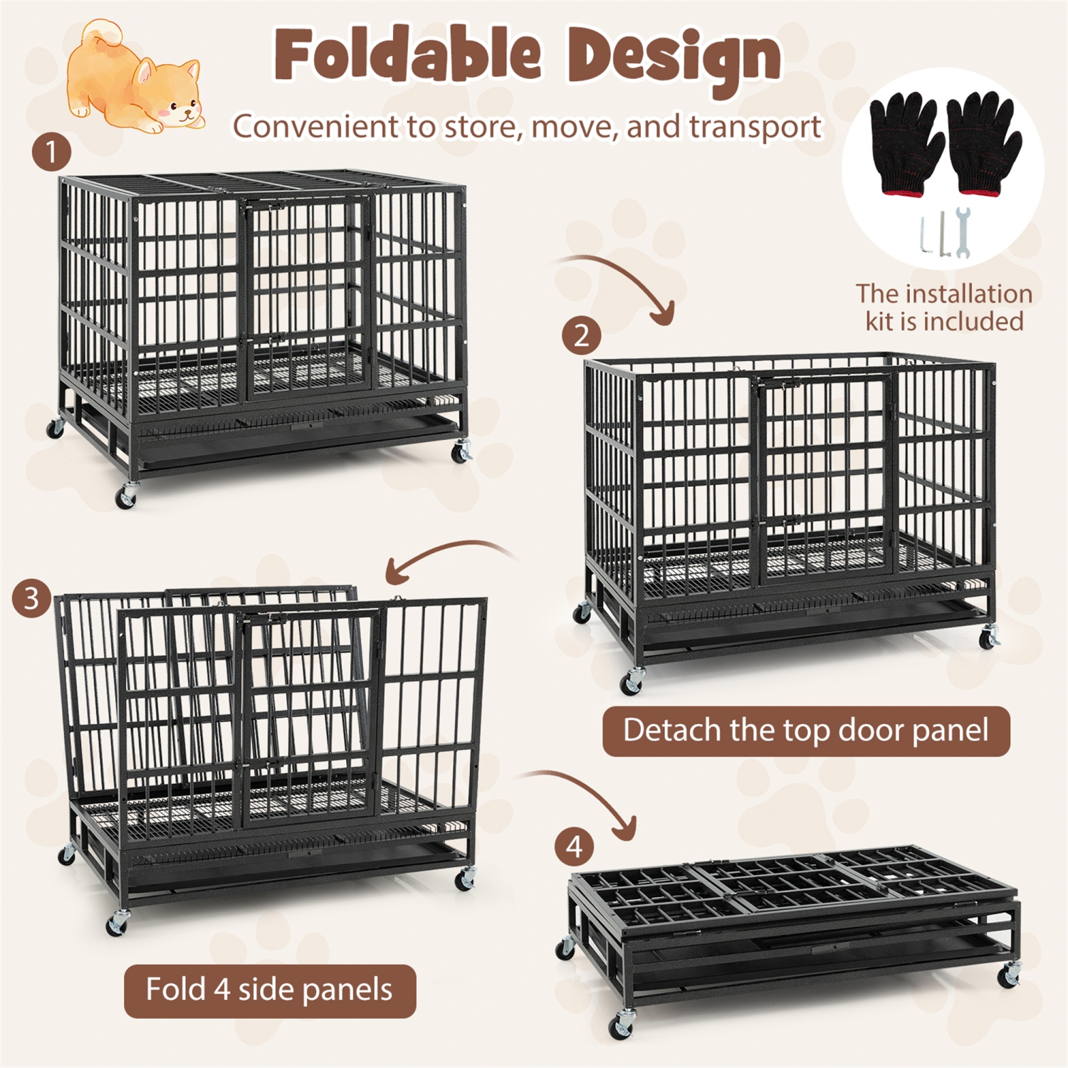 Gymax 38'' Foldable Heavy-Duty Metal Dog Cage W/ Lockable Rolling Casters Black