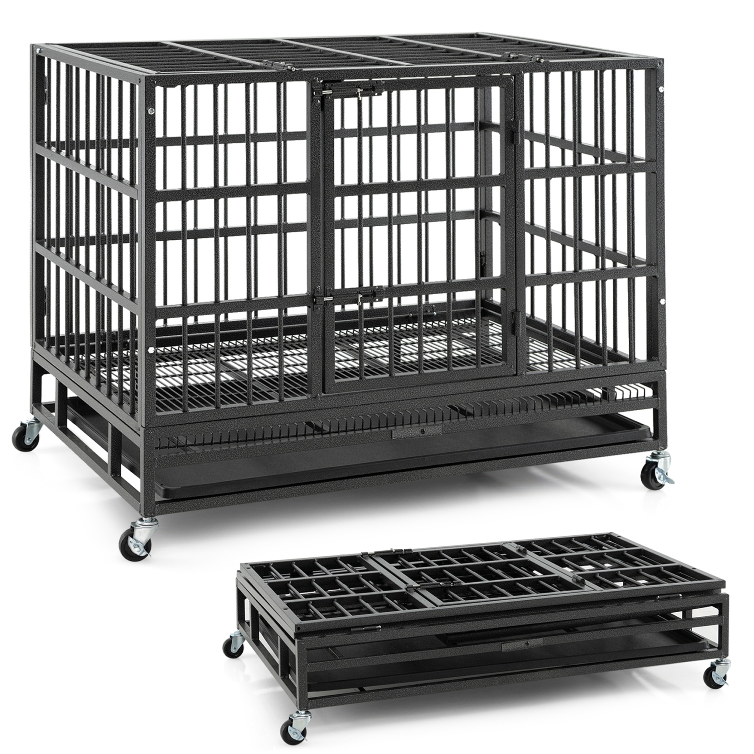 Gymax 38'' Foldable Heavy-Duty Metal Dog Cage W/ Lockable Rolling Casters Black