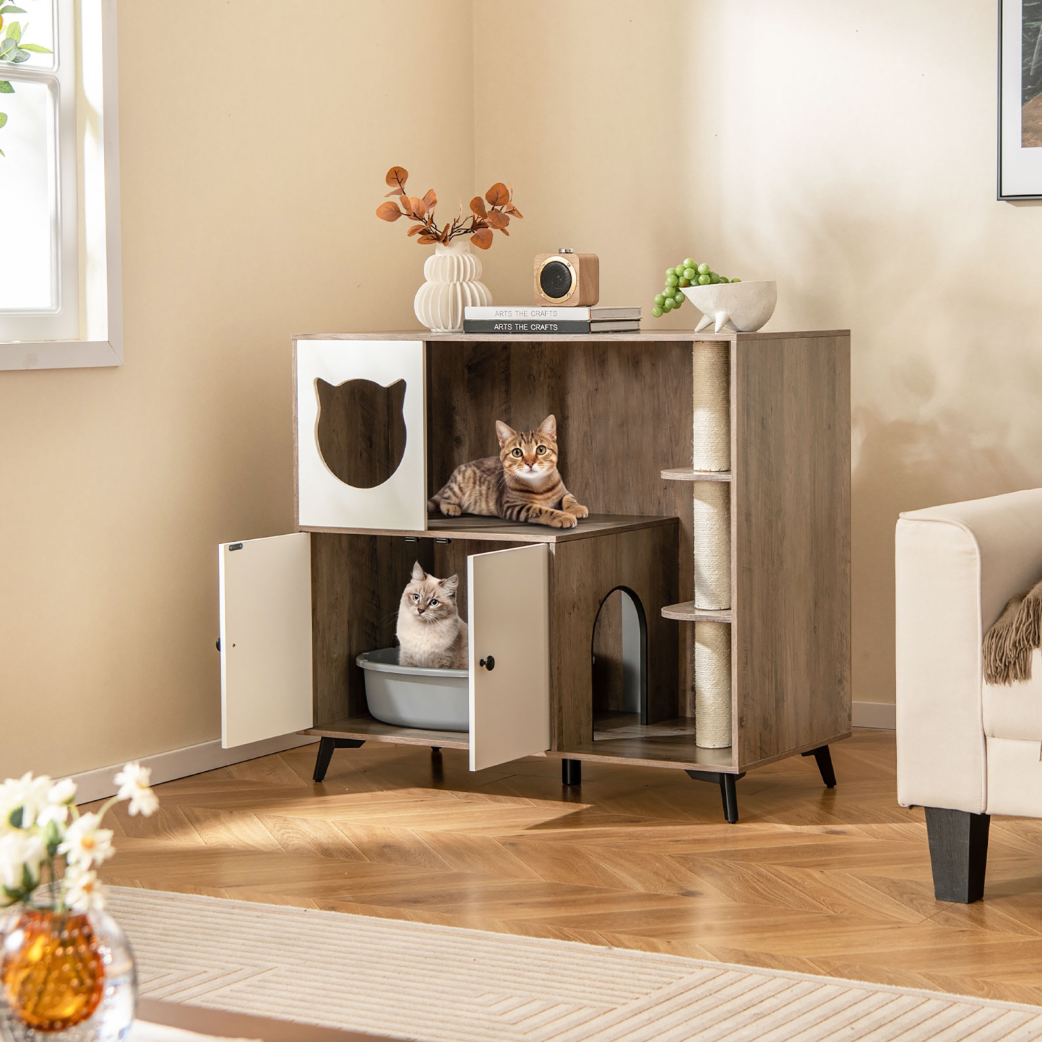 Gymax Cat Litter Box Enclosure 5-in-1 Enlarged Cat Litter Cabinet Furniture