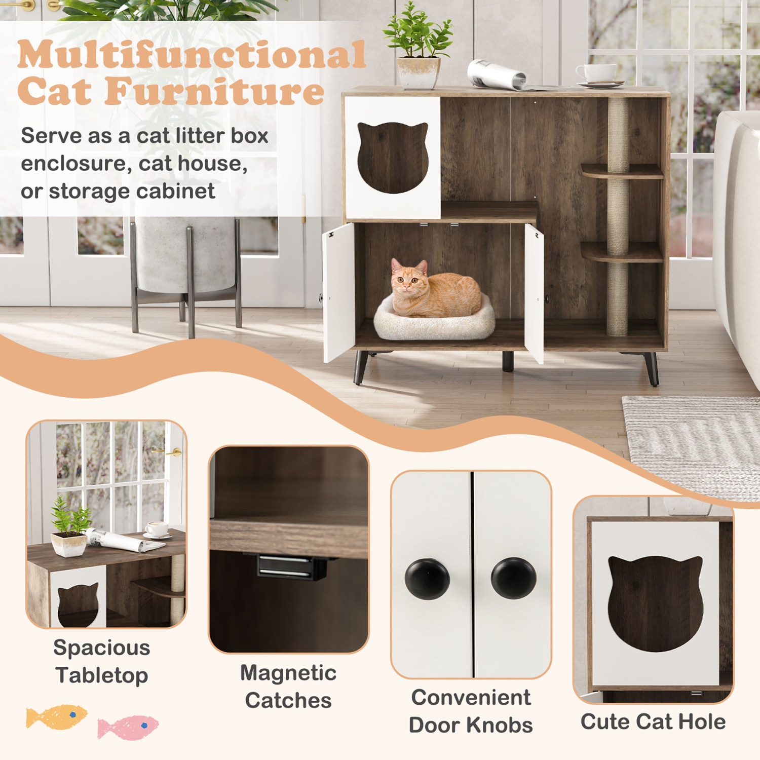 Gymax Cat Litter Box Enclosure 5-in-1 Enlarged Cat Litter Cabinet Furniture