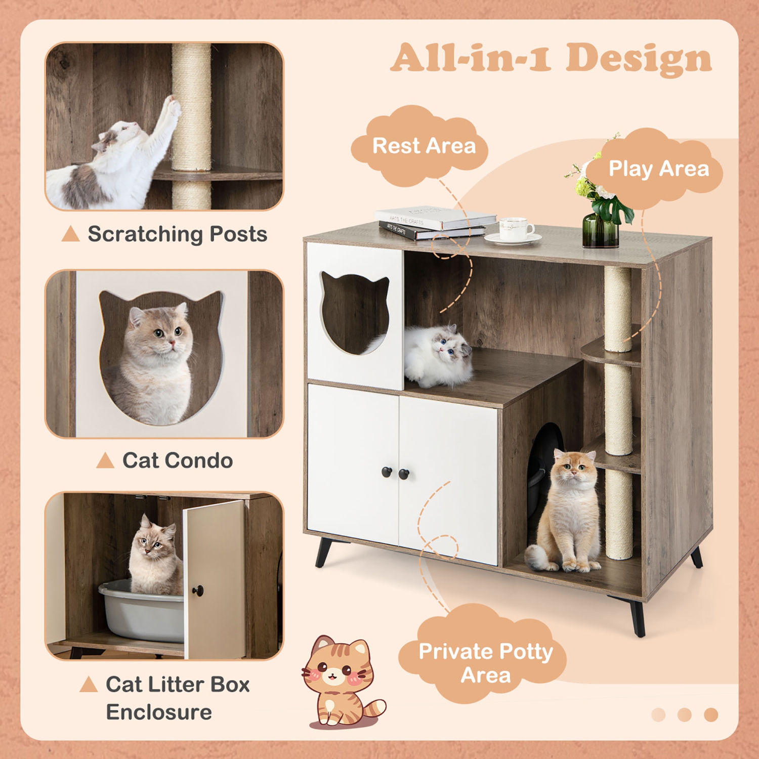 Gymax Cat Litter Box Enclosure 5-in-1 Enlarged Cat Litter Cabinet Furniture