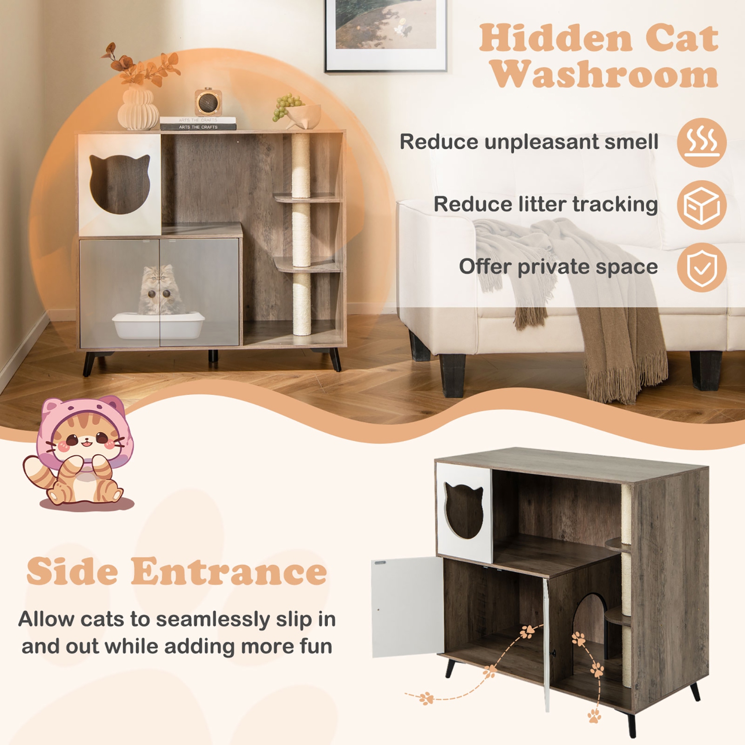 Gymax Cat Litter Box Enclosure 5-in-1 Enlarged Cat Litter Cabinet Furniture
