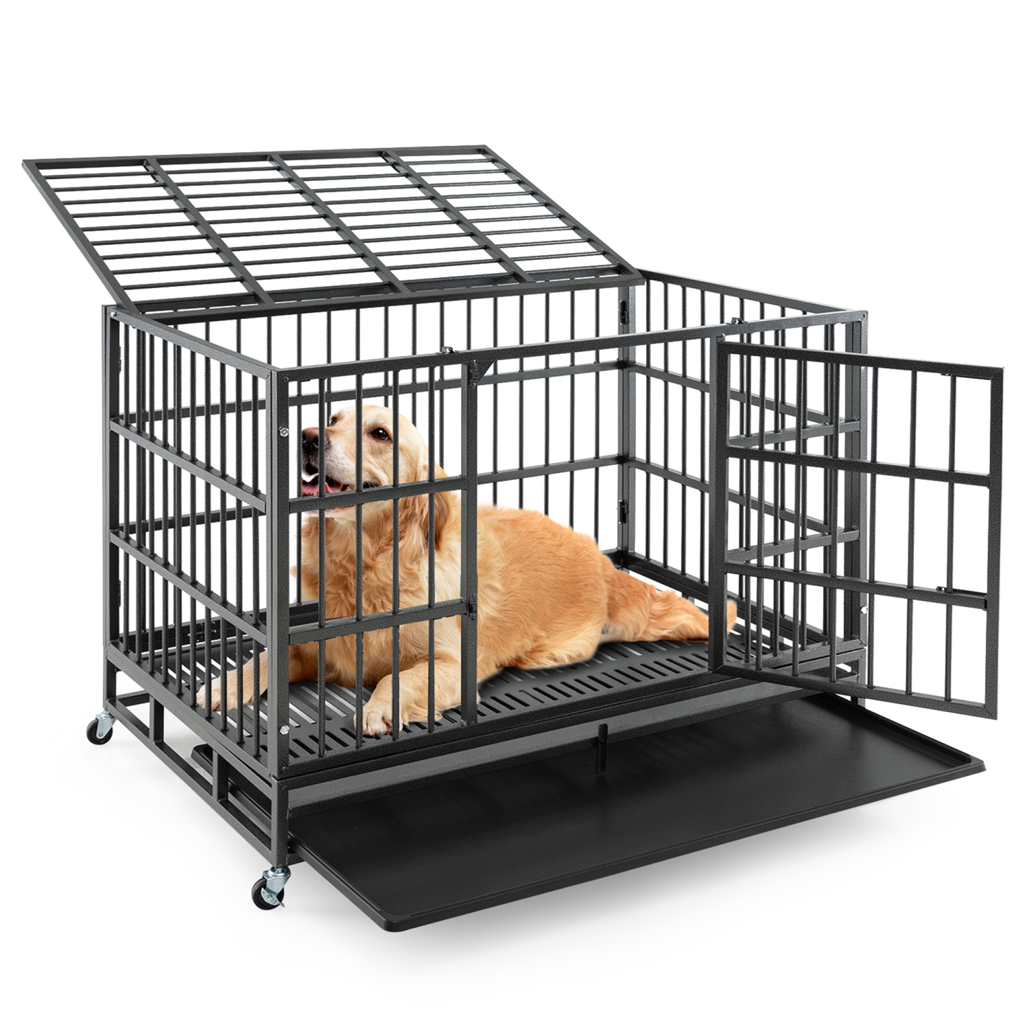 Gymax 48'' Foldable Heavy-Duty Metal Dog Cage W/ Lockable Rolling Casters Black