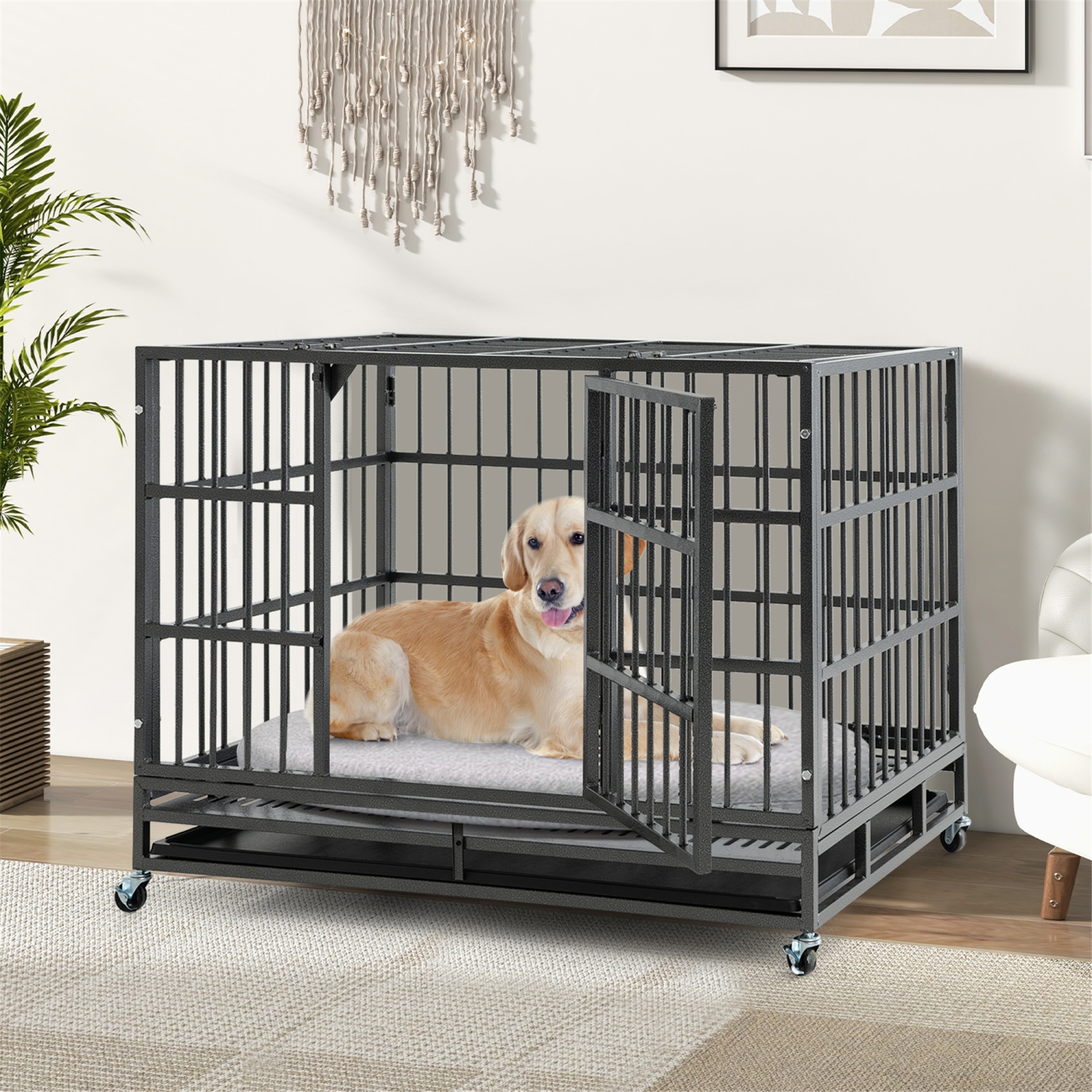 Gymax 48'' Foldable Heavy-Duty Metal Dog Cage W/ Lockable Rolling Casters Black