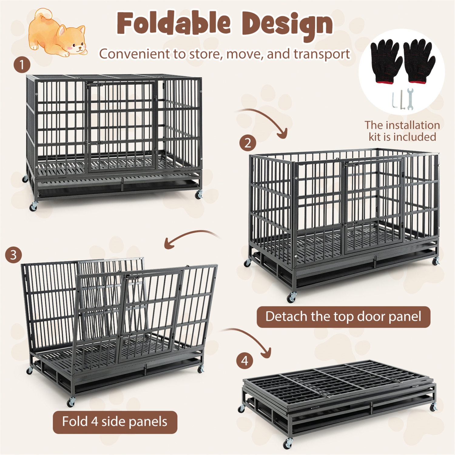 Gymax 48'' Foldable Heavy-Duty Metal Dog Cage W/ Lockable Rolling Casters Black