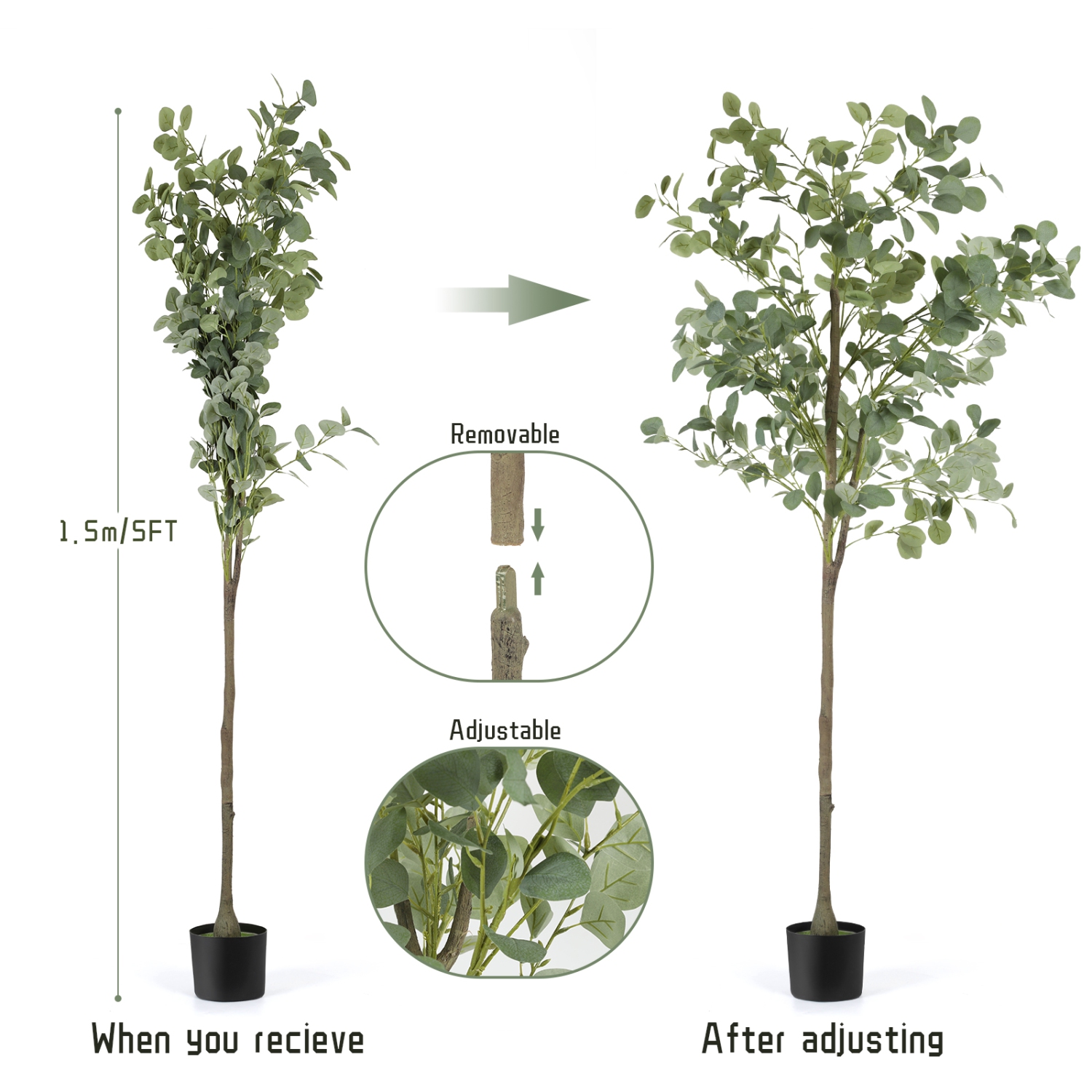 Artificial Eucalyptus Tree, 5ft Tall Fake Tree Silk Artificial Eucalyptus Tree with Plastic Nursery Pot, Artificial Plants for Home Office Interior