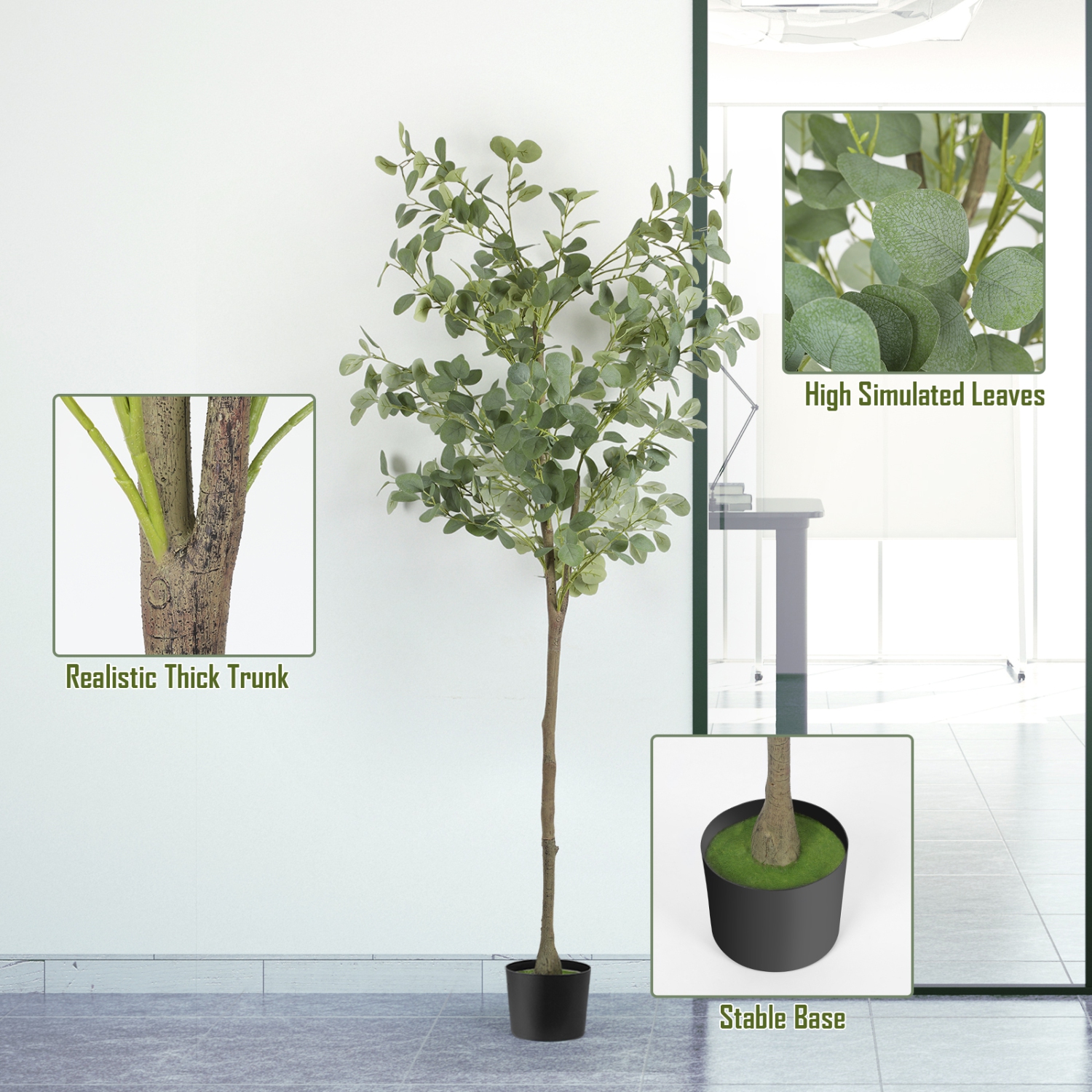 Artificial Eucalyptus Tree, 5ft Tall Fake Tree Silk Artificial Eucalyptus Tree with Plastic Nursery Pot, Artificial Plants for Home Office Interior