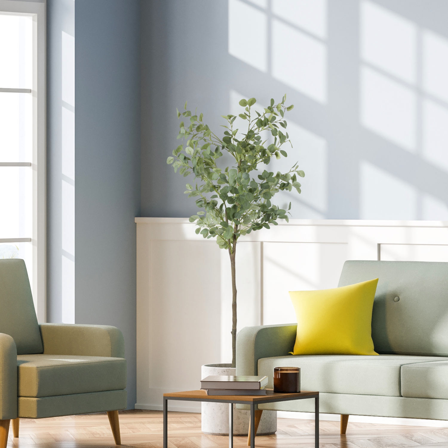 Artificial Eucalyptus Tree, 5ft Tall Fake Tree Silk Artificial Eucalyptus Tree with Plastic Nursery Pot, Artificial Plants for Home Office Interior