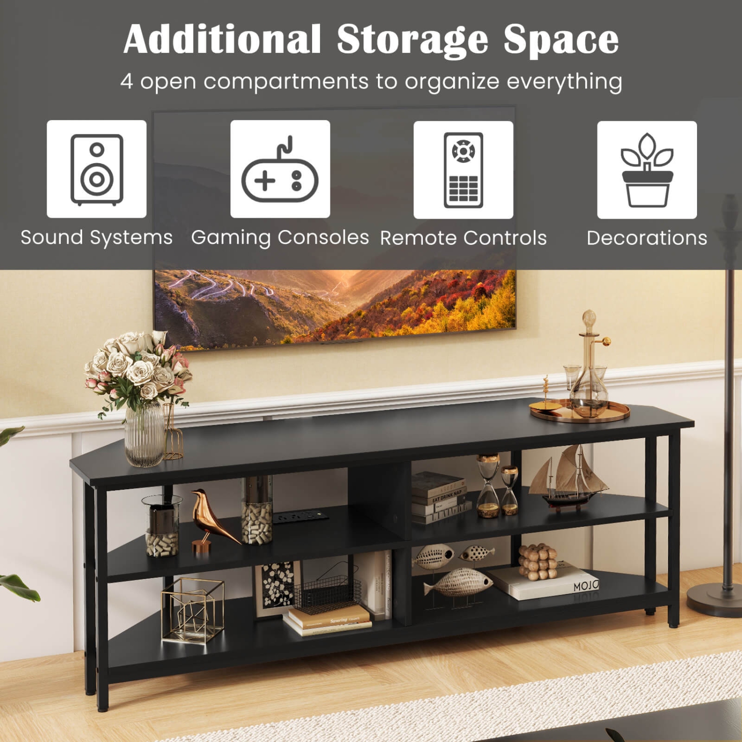 Costway Corner TV Stand for TVs up to 65" TV Console Table with AC Outlets&USB A Ports