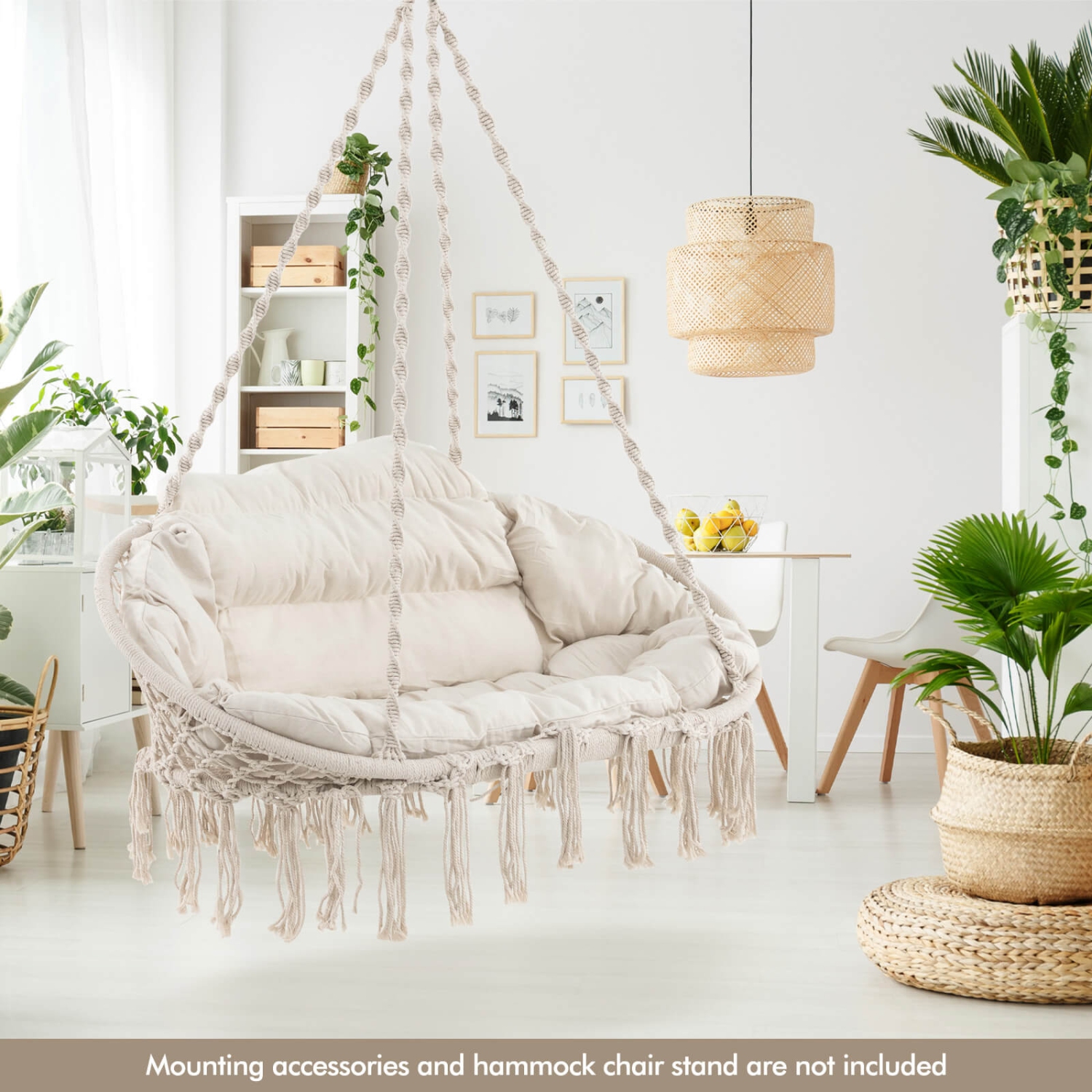 Costway Swing Chair Hand-Woven Rope Hanging Chair with Thick Cushion & Folding Metal Frame