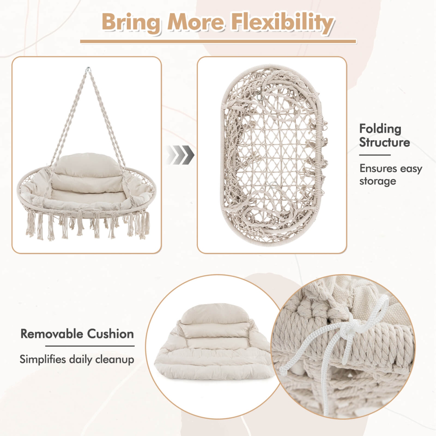 Costway Swing Chair Hand-Woven Rope Hanging Chair with Thick Cushion & Folding Metal Frame