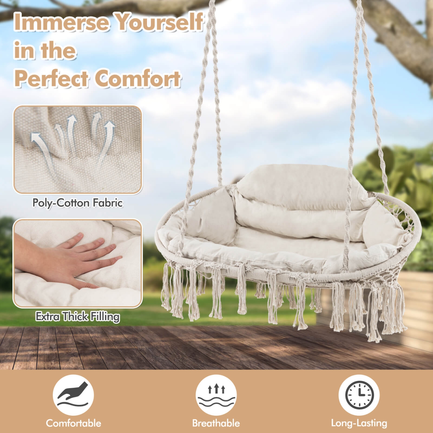 Costway Swing Chair Hand-Woven Rope Hanging Chair with Thick Cushion & Folding Metal Frame