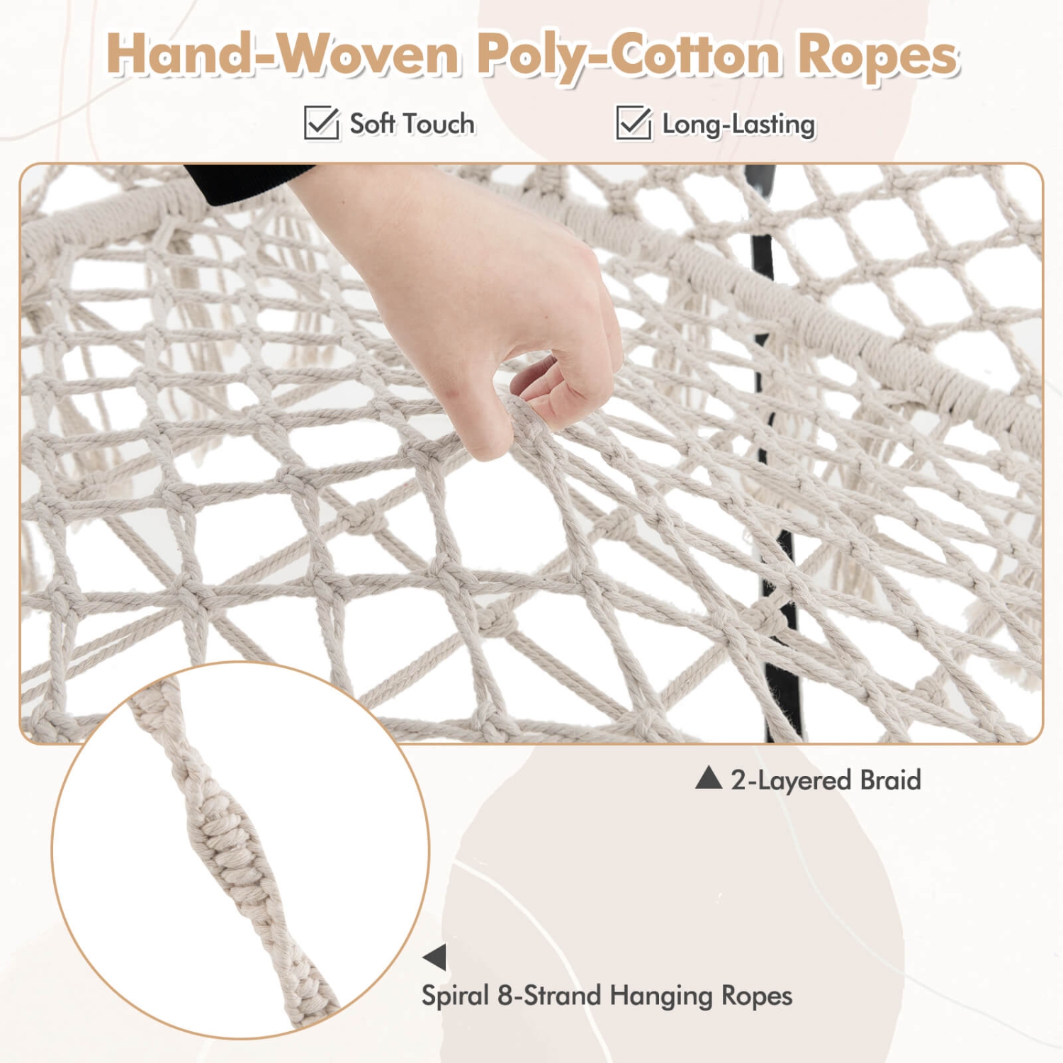 Costway Swing Chair Hand-Woven Rope Hanging Chair with Thick Cushion & Folding Metal Frame