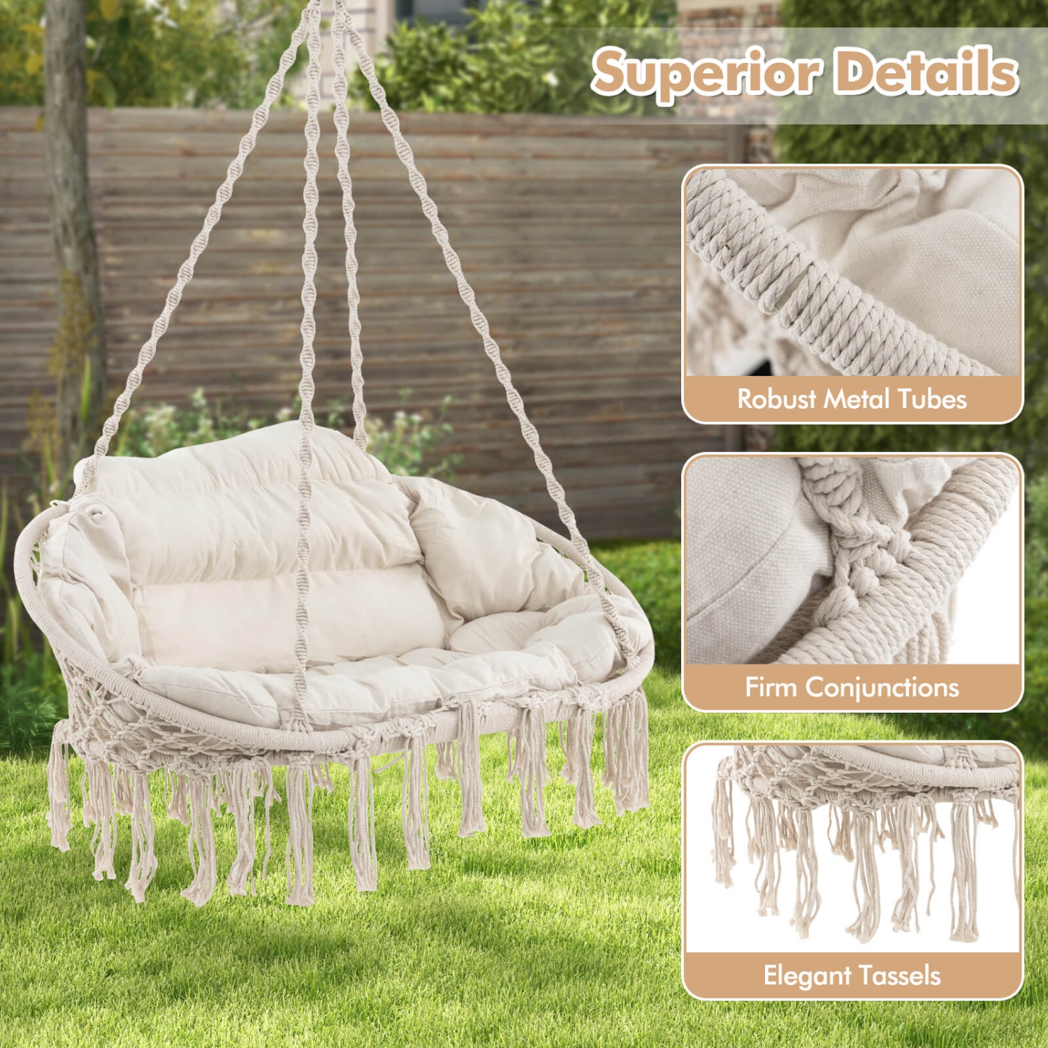 Costway Swing Chair Hand-Woven Rope Hanging Chair with Thick Cushion & Folding Metal Frame