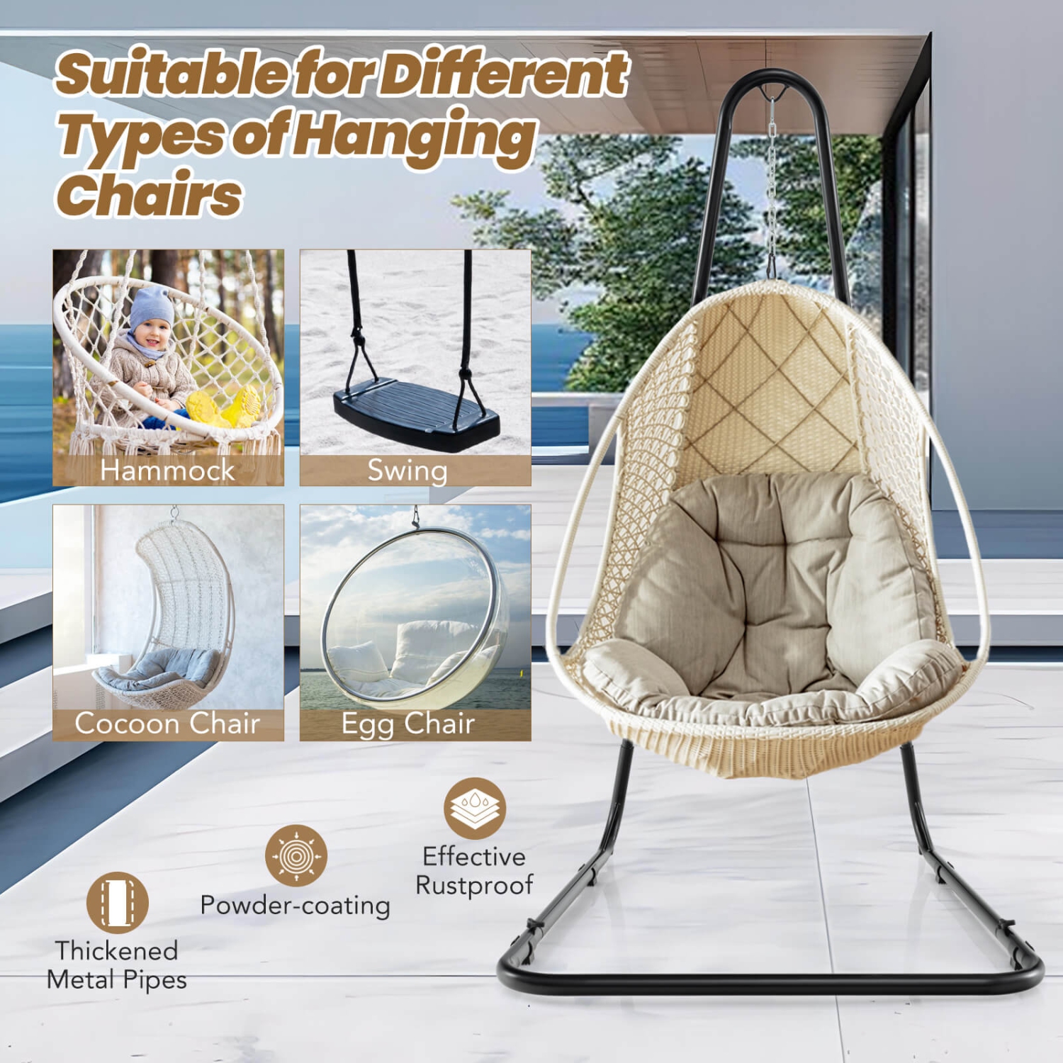 Costway 77"-93" Height Adjustable Hanging Chair Stand with Heavy-duty Metal Frame for Patio